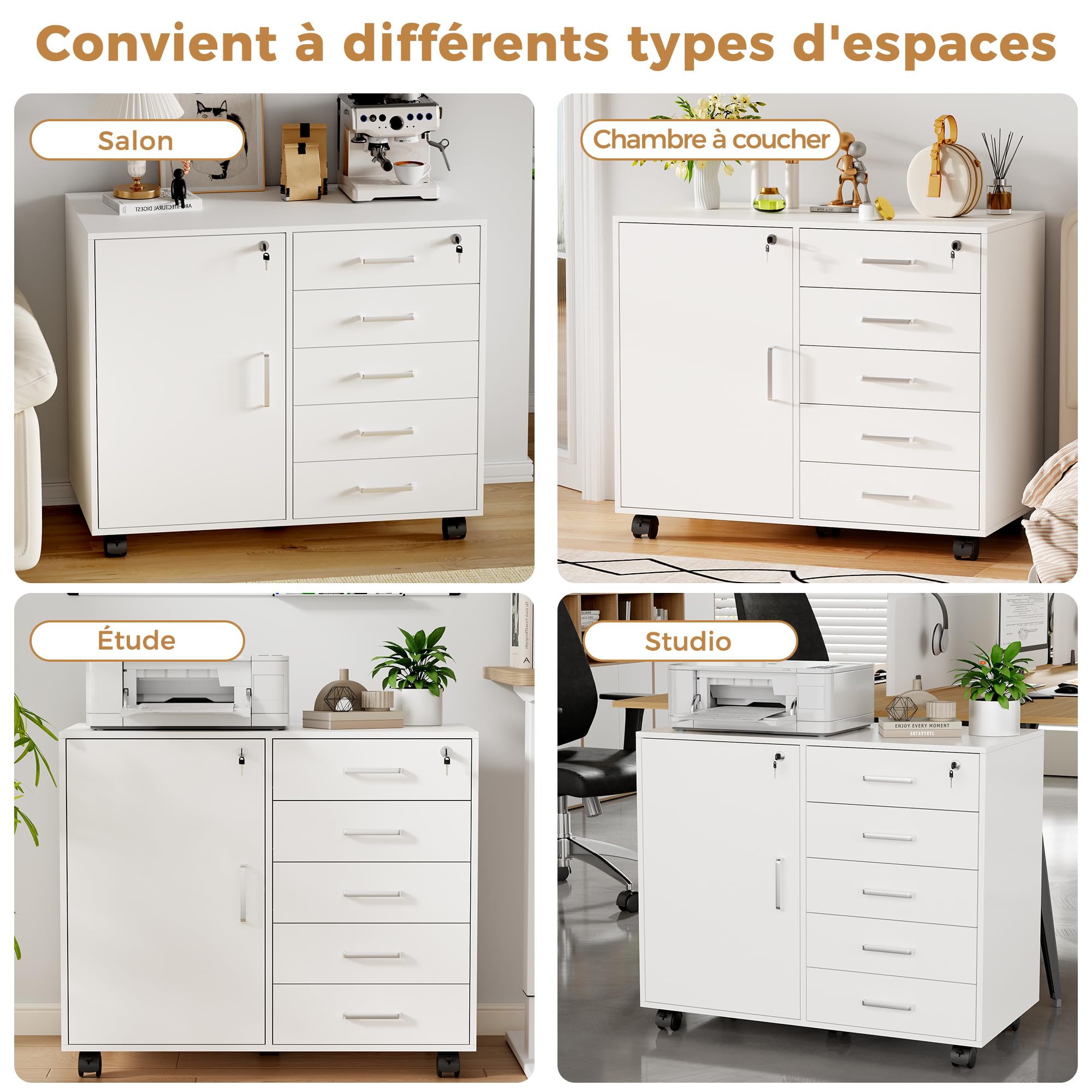 BEWISHOME Caisson de Bureau Rangement à 5 Tiroirs Verrouillables, Meuble Rangement Bureau avec 5 roulettes, Meuble imprimante Mobile avec 3 étagères réglables, Poignées métalliques, 78x40x65,5 cm