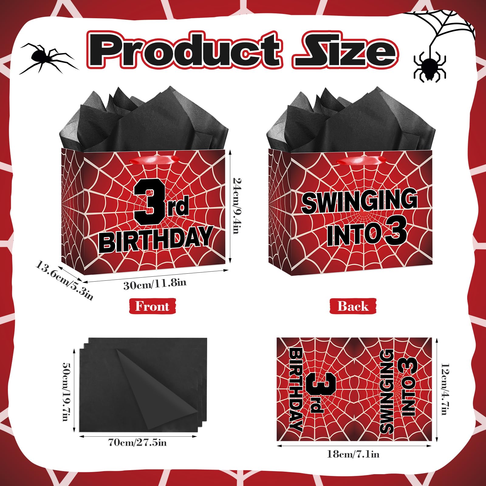 MOORIIY Spider 3rd Birthday Gift Bag with Card and Wrapping Paper, Spider 3rd Birthday Wrapping Paper Bag for Boys Red Black 3 Years Old Spider Web Bdy Decorations Supplies 11.8 x 9.4 x 5.3 inches