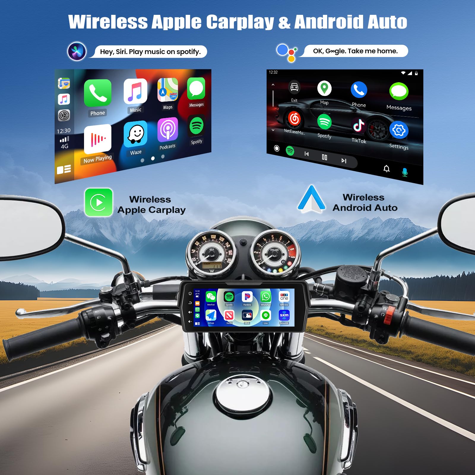 CAMECHO 2025 Moto Carplay con Dual-Kameras Wireless CarPlay y Android Auto Inalámbrico, Moto Pantalla 6.86" HD IP67 Impermeablepara Motocicletas con DVR/Bluetooth/EQ