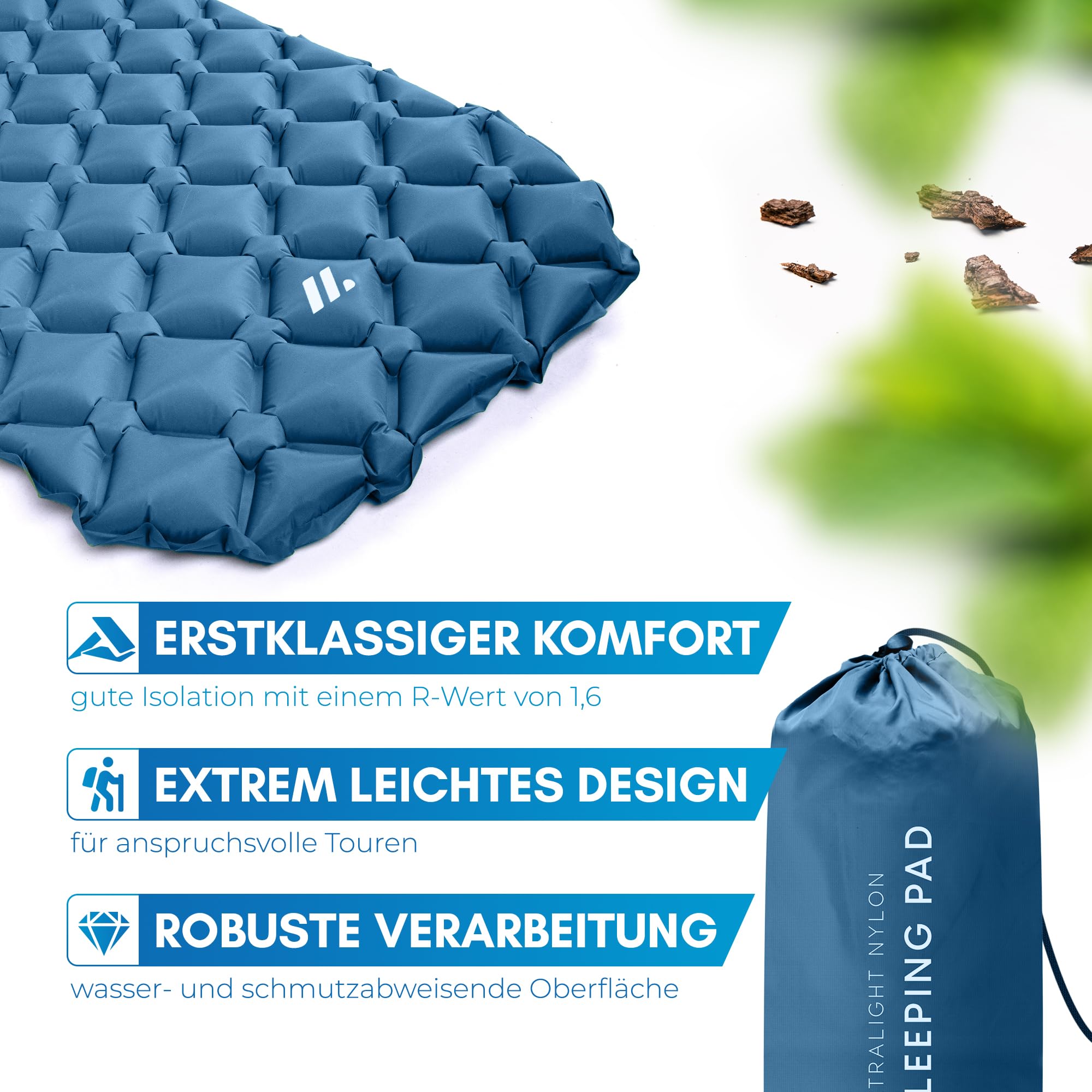 NORDMUT Isomatte Ultraleicht [mit Reparaturset] kleines Packmaß - Aufblasbare Luftmatratze Camping - Camping Matratze Wetterfest für Outdoor Zelt & Festivals - Blau