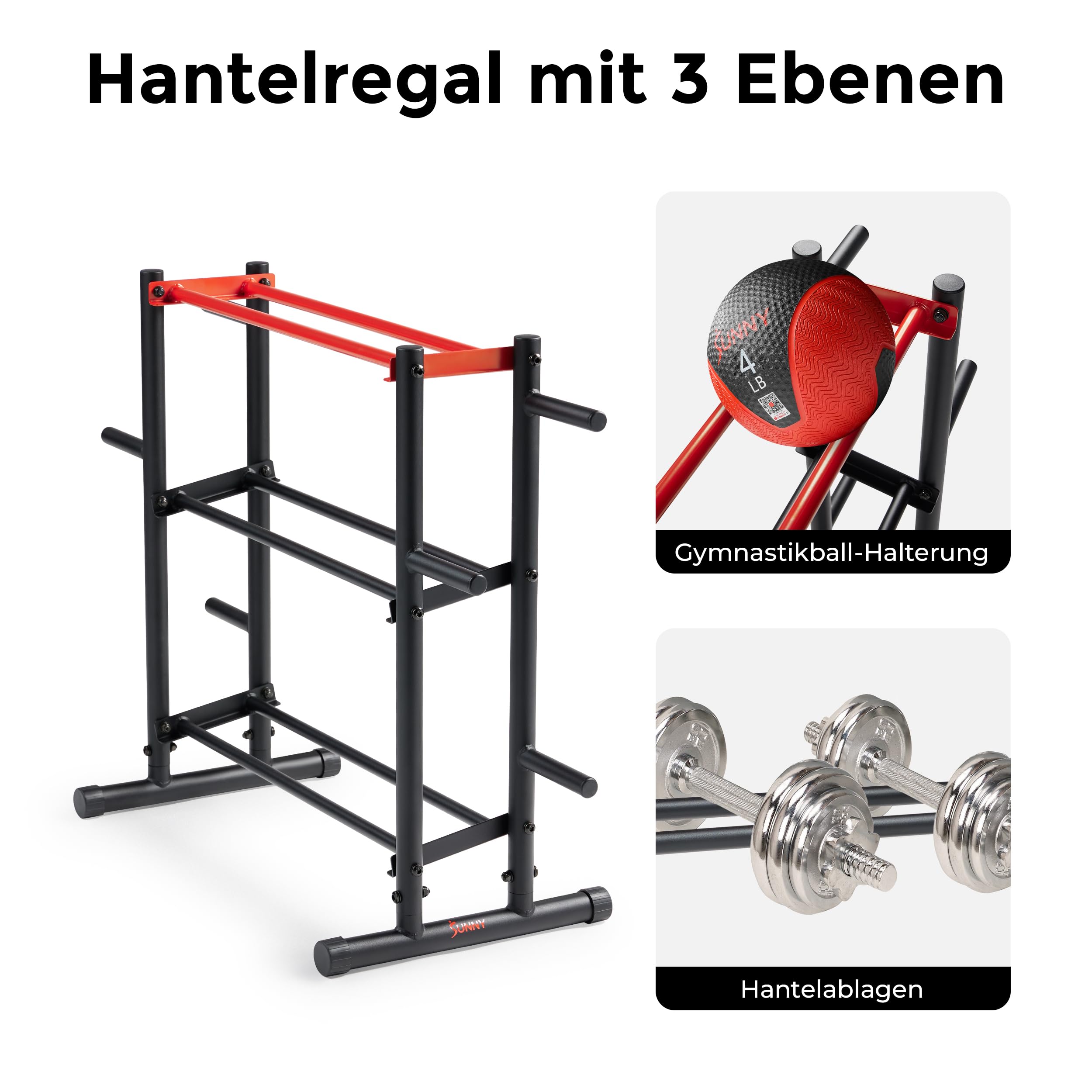 Sunny Health & Fitness Multifunktionaler Hantelständer aus Metall für Kurzhanteln, Kettlebells, Hantelscheiben, Langhantel & Medizinball – Robuste Ablage für das Heimtraining