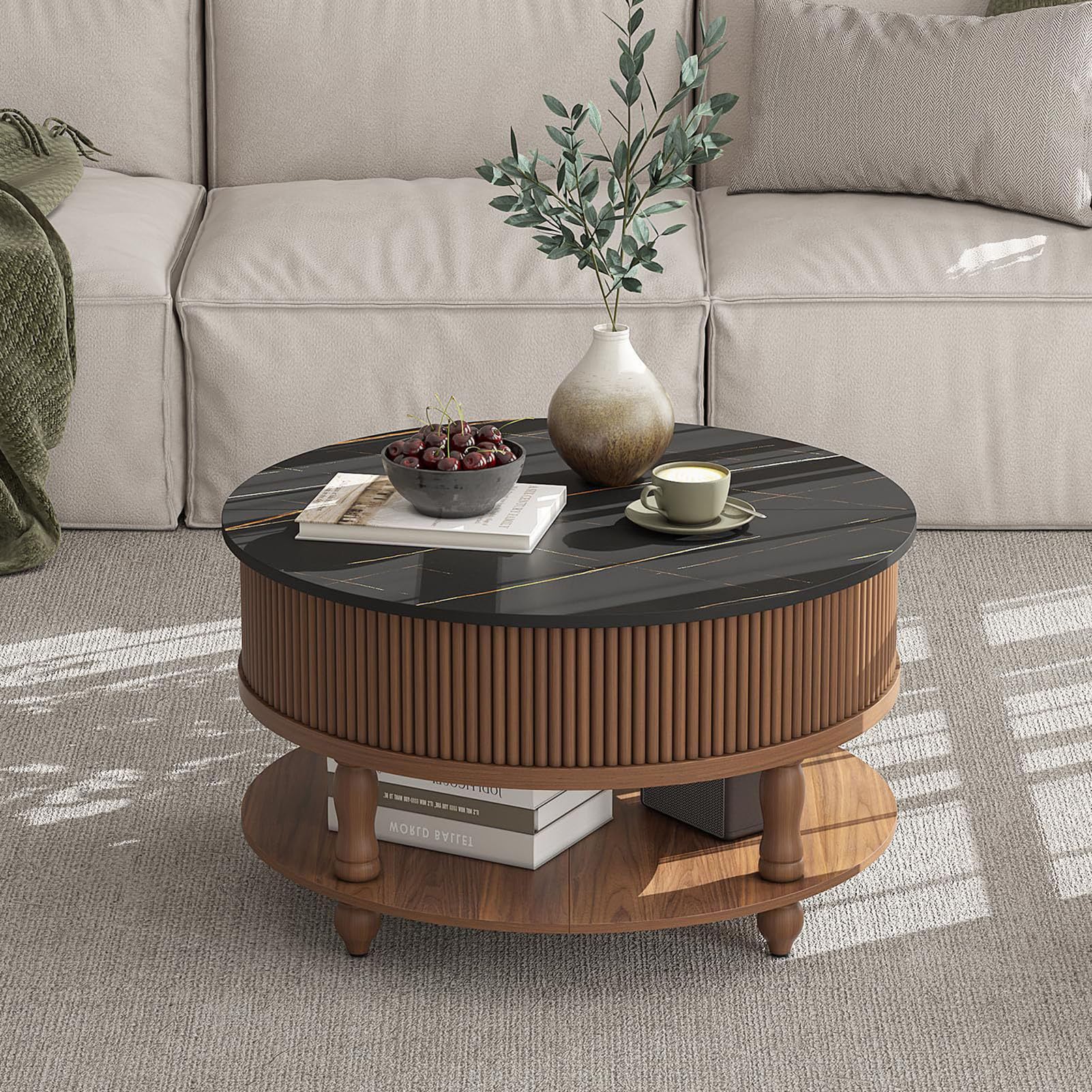 SXZenSpace 31.5" Round Lift Top Coffee Table with Storage, Modern Mid Century Center Hidden Compartment & Storage Shelf for Living Room Dining Home Office,A,31.5x31.5X14.9