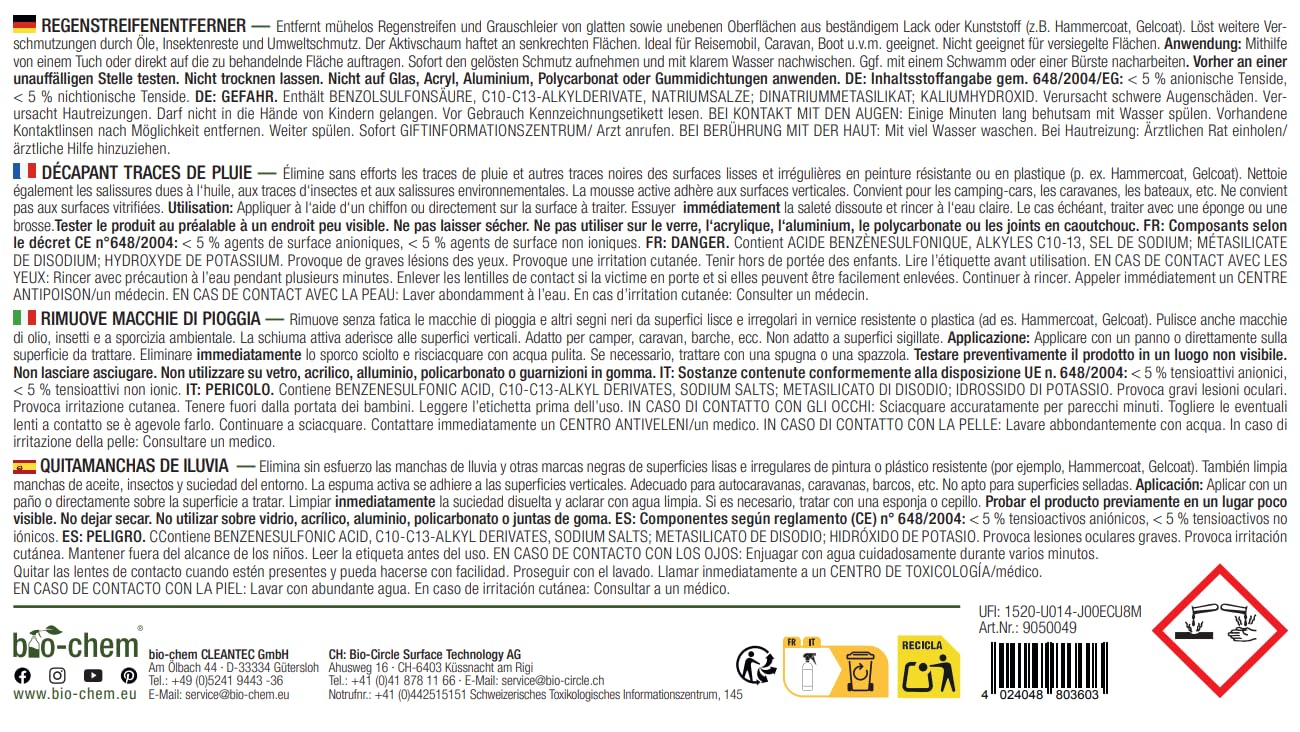 Bio-Chem - Quitamanchas de Lluvia 500ml + manopla microfibras para Parabrisas y Lunas de autocaravanas, caravanas y Coches - Producto Ideal para Lunas Durante Sus Vacaciones en Autocaravana