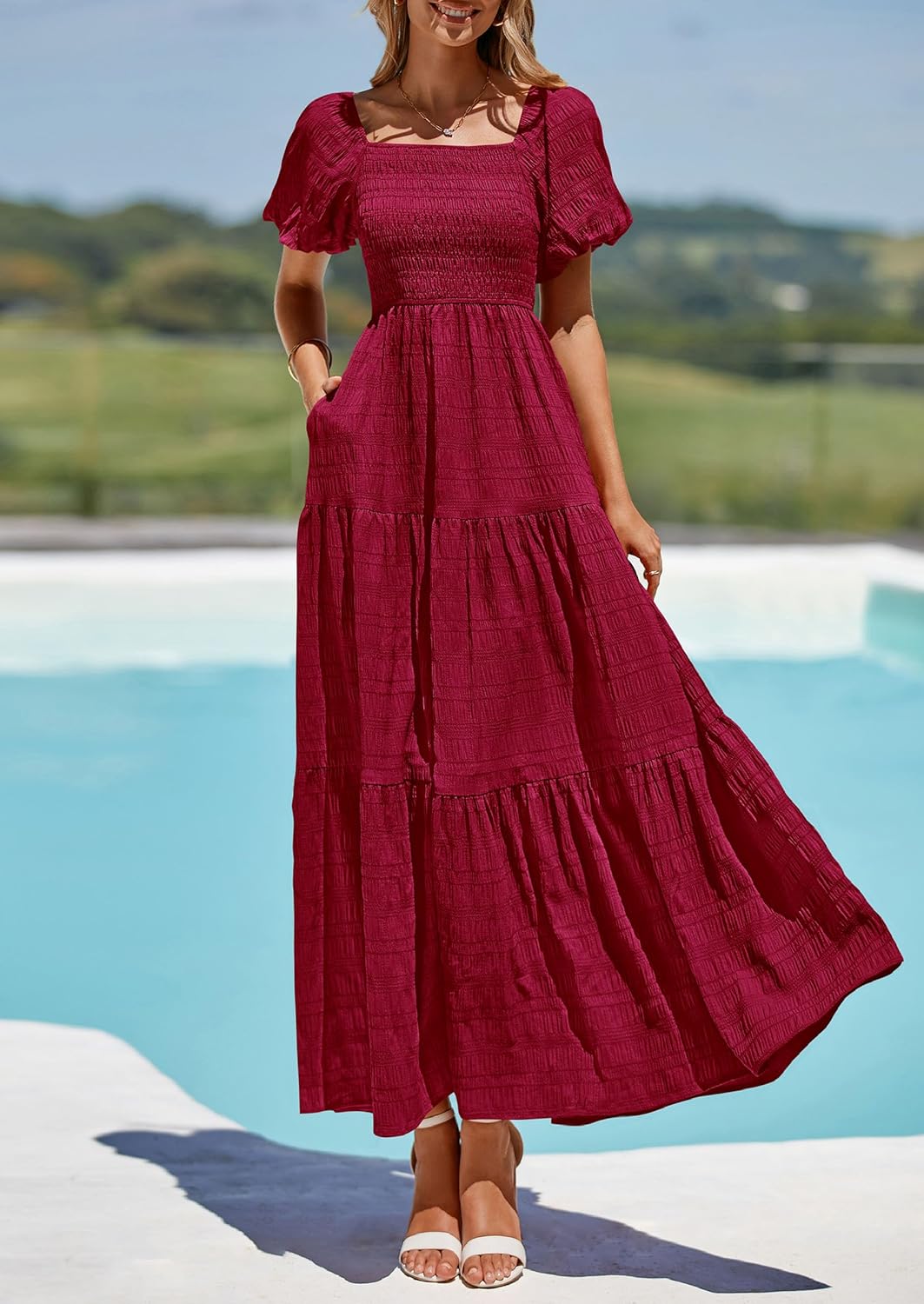 PRETTYGARDEN Womens Summer Puff Short Sleeve Maxi Dress Square Neck Smocked Tiered Ruffle A Line Long Flowy Beach Dresses - Image 6