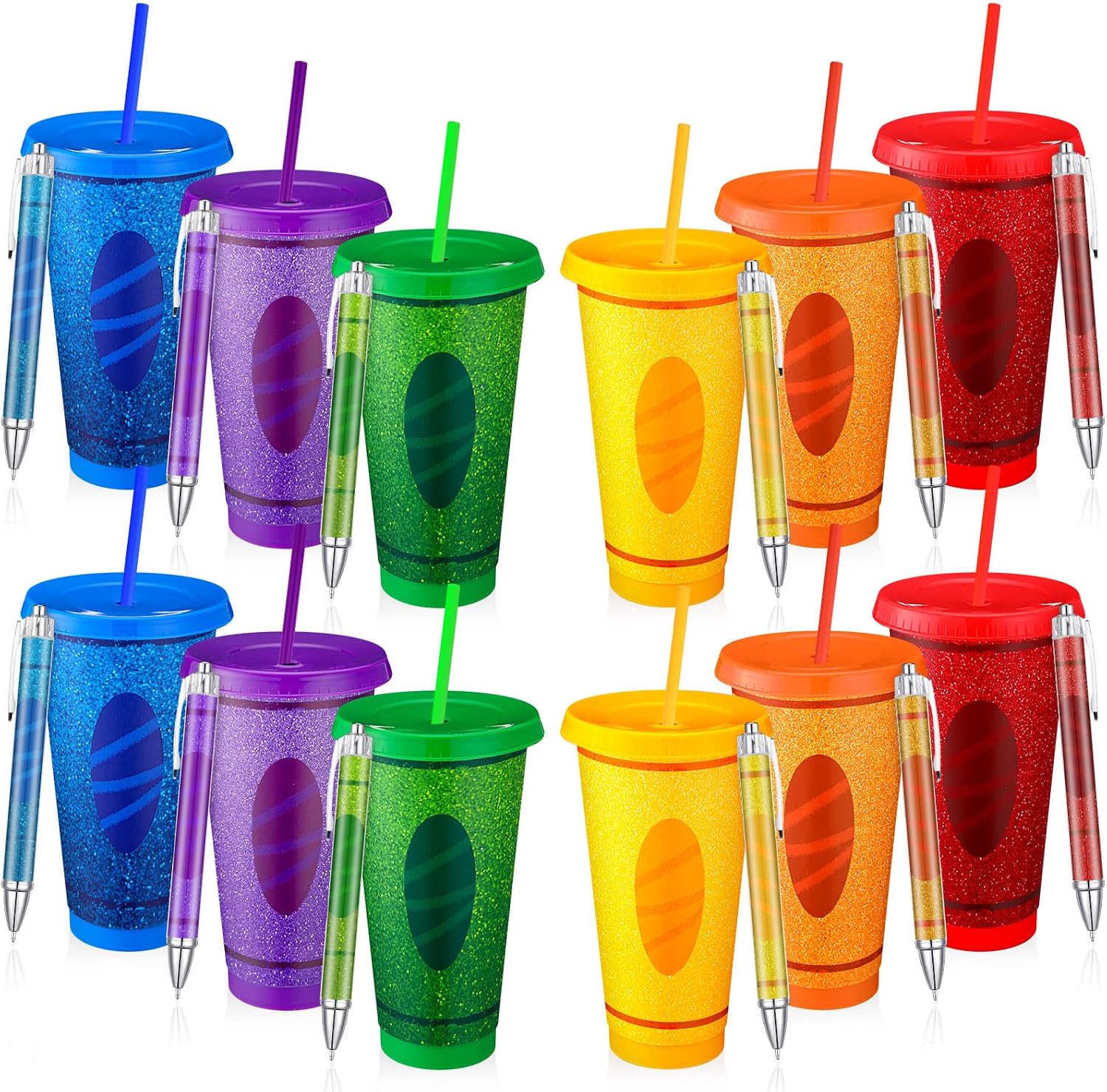 Skylety 24Pcs Back to School Teacher Gift Bulk Teachers Appreciation Gift Bulk 12 Reusable 24oz Crayon Plastic Cup with Lid Straw for First Day of School Gifts with 12 Ballpoint Pen(Colorful Crayon)