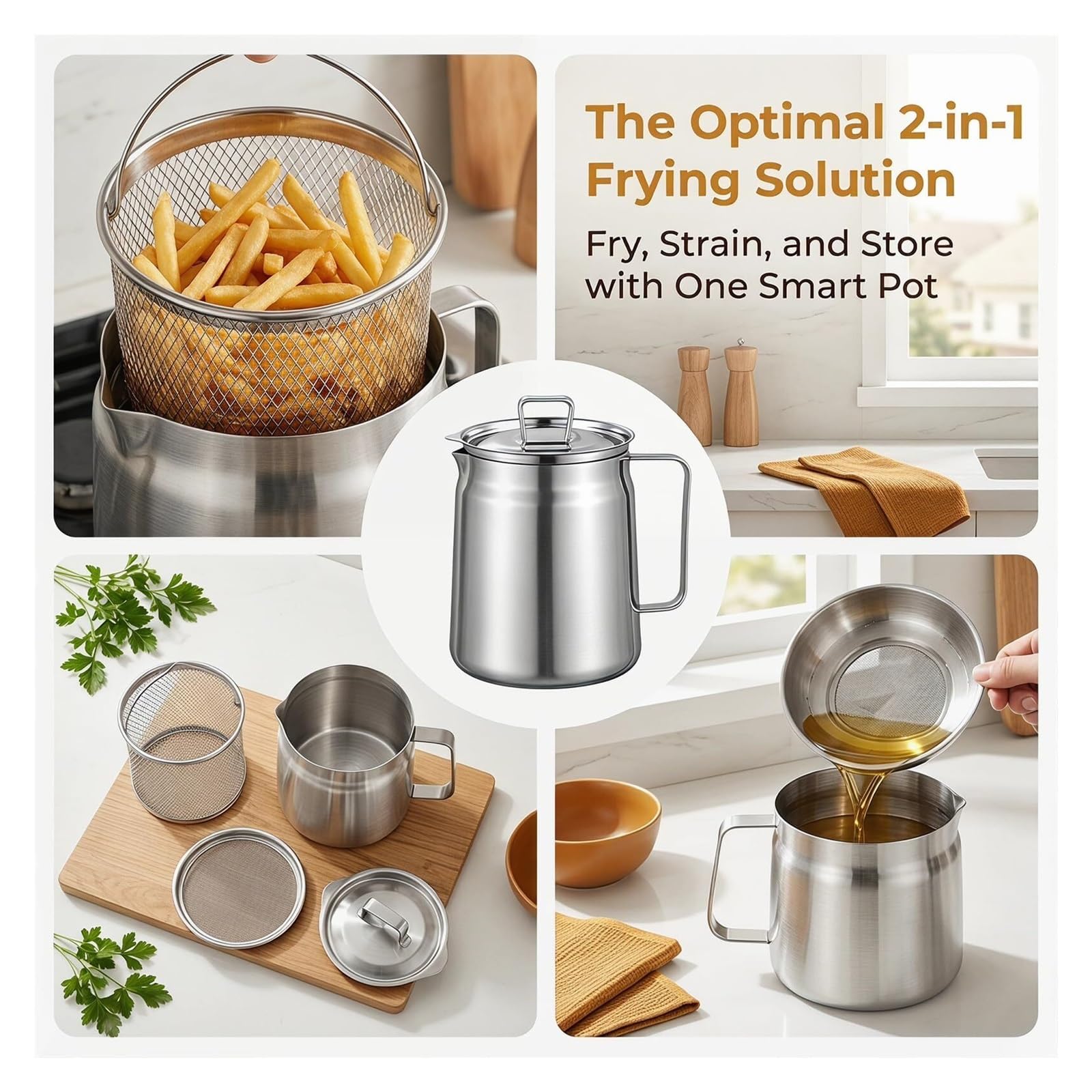 Generisch Olla de Filtro de Aceite de Acero Inoxidable con Cesta for freidora, contenedor de Grasa de Tocino for Cocina, Camping, Cocina(2L)
