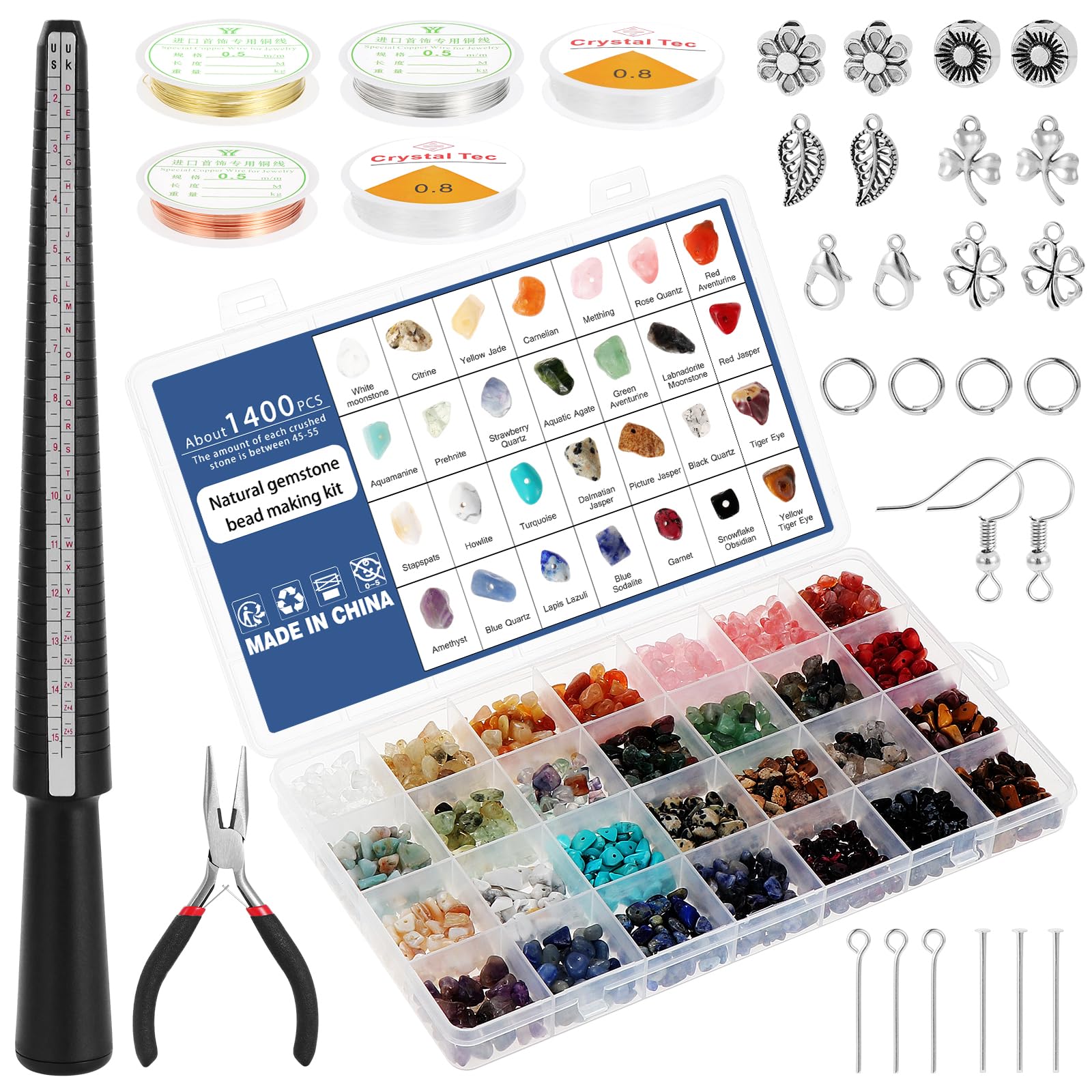 Knpwer 1600+Crystal Beads for Jewelry Making,28 Colors Gemstone Crystal Bead Jewellery Making Kit,with Natural Gemstone Flake Beads, Jewellery Wire, Pliers, Ring Measuring Tools
