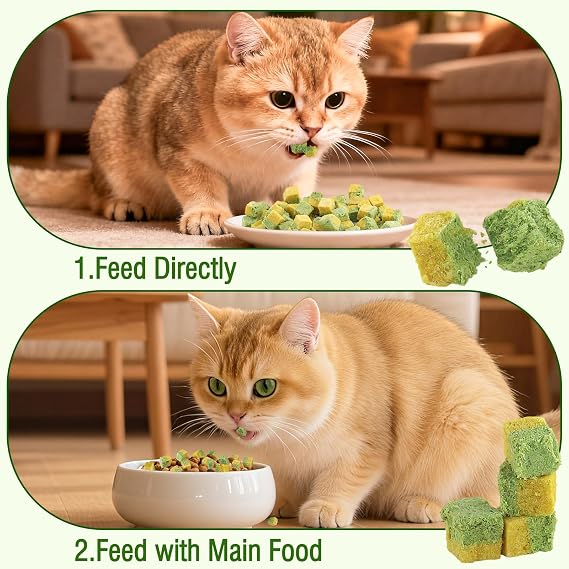 Freezed-Dried Cat Grass Treats, Catgrass Egg Yolk Duo Bites, Cat Dental Treats for Hairball Control and Healthy Coat, Cats Teething Stick (60g, Eggyolk)