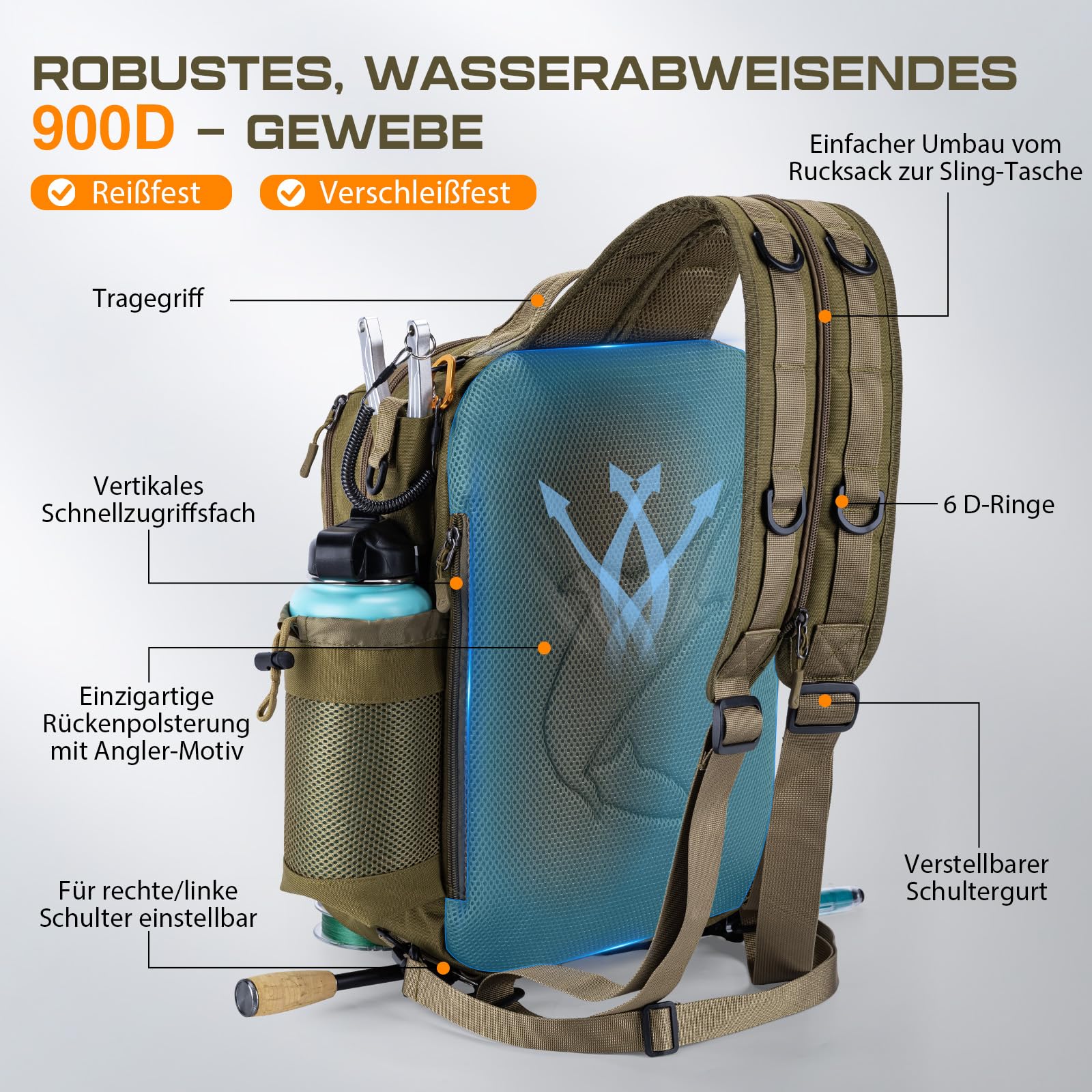Goture Sling Tackle Bag - Borsa a tracolla da pesca, con porta canna da pesca, sistema MOLLE, spazio per esche artificiali e accessori, Cachi con 3 scatole per esche, Tracolla