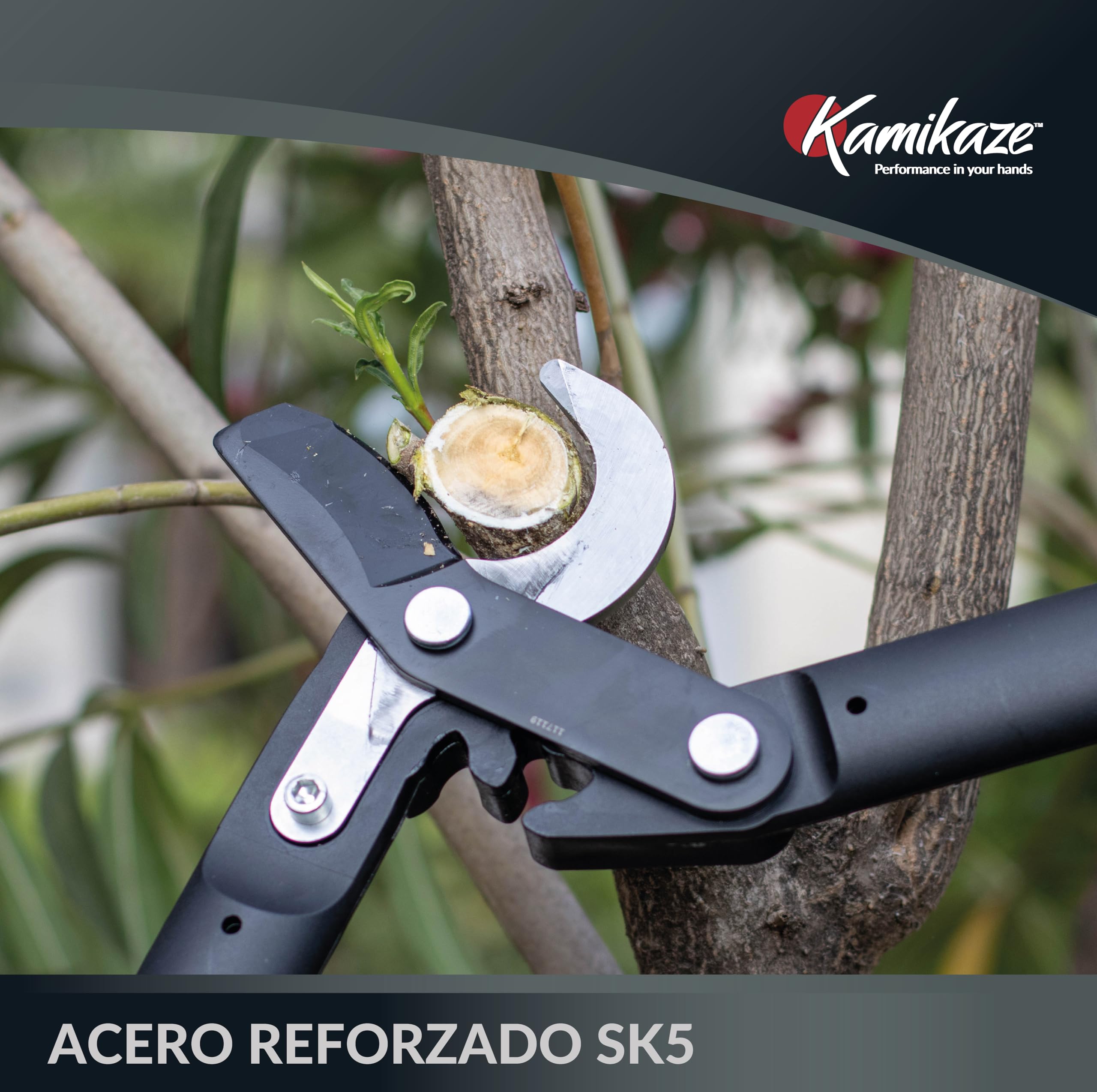 KAMIKAZE KM770 Tijera de Dos manos para Poda de Arboles. Corta ramas con Sistema Multiplicador de Fuerza. Tijera de Poda para Madera con Mangos Ergonómicos Ideal para Ramas de 50mm. Longuitud 72cm