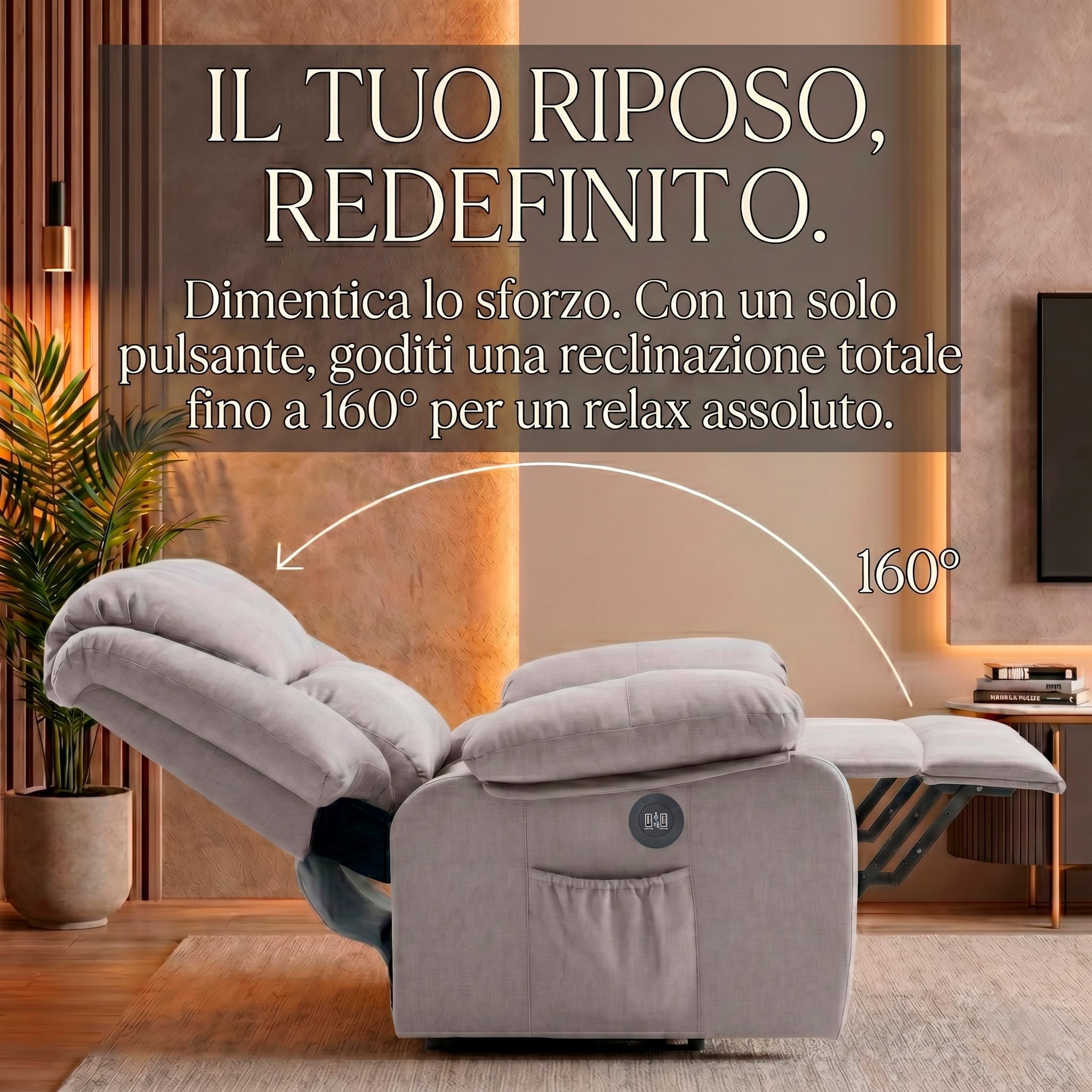 ECODE Poltrona Relax Alzapersona Elettrica Massaggiante, Reclinabile e Riscaldante con Poggiapiedi – Offerta Poltrona-Letto Per Anziani da Interno, Soggiorno o Salotto con Vibro Motori (Grigio)