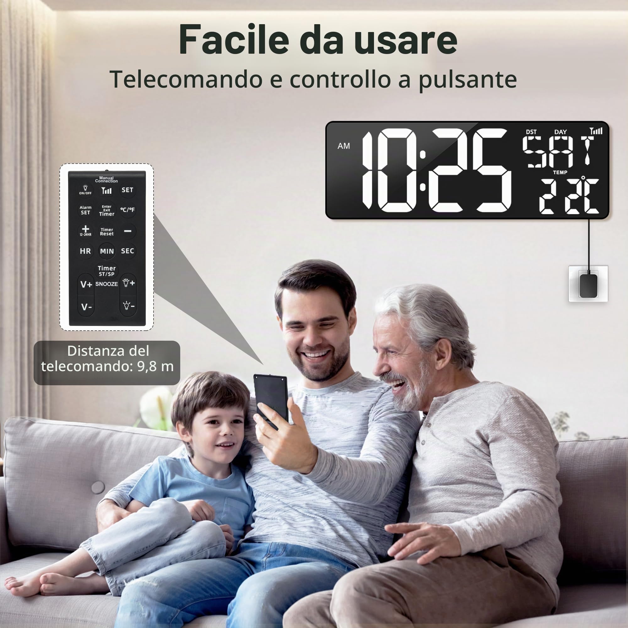 XREXS Orologio Parete 17'' LED Bianco Sincronizzazione Bluetooth | Luminosità regolabile, mostra ora, data e temperatura, calibrazione automatica, multifunzione per soggiorno e ufficio