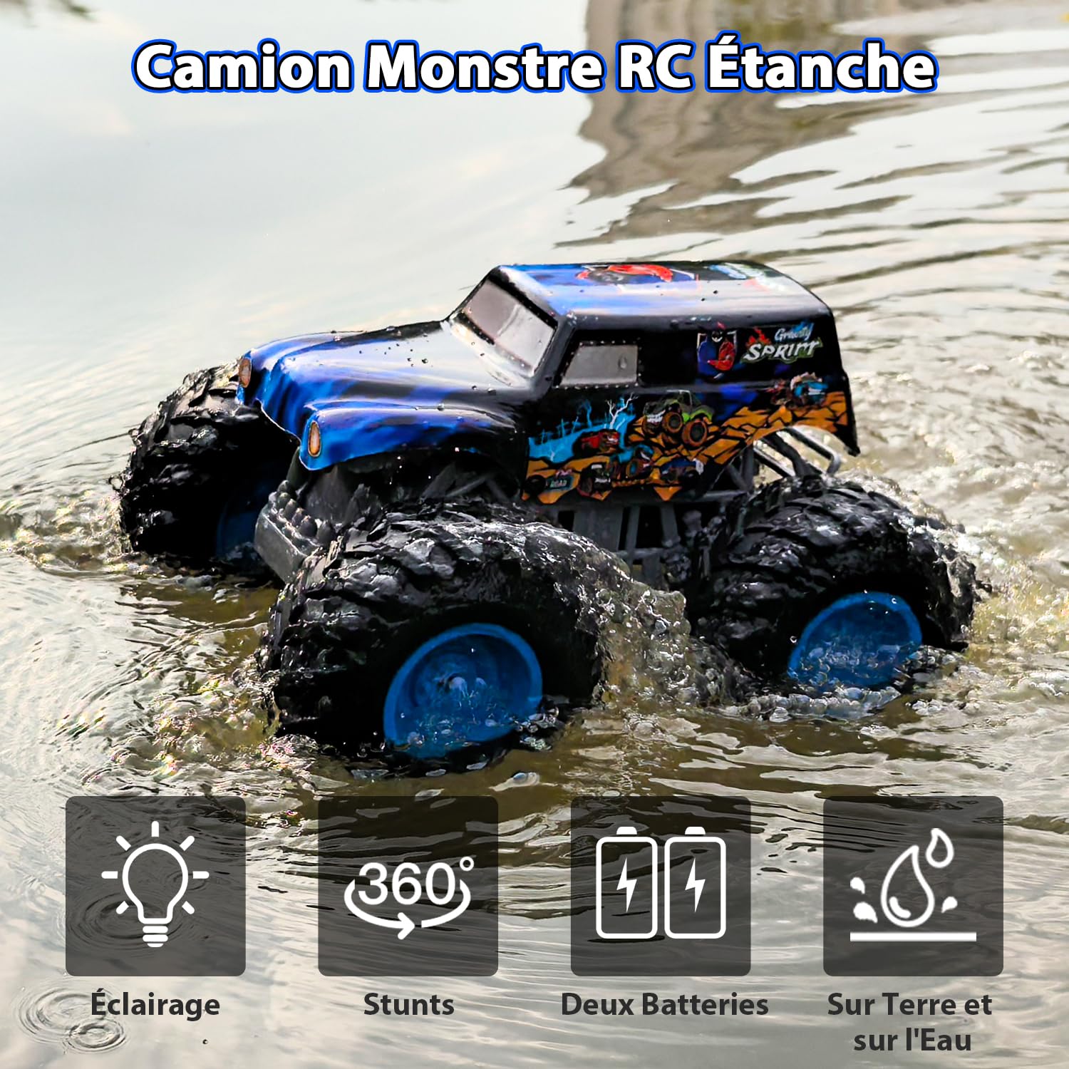 Monster Truck Télécommandé, 1:16 Voiture Télécommandée Enfant avec Éclairage, 360° Rotation, Conduite Inversée, Marche Debout, Voiture Radiocommandée Amphibie 2,4 GHz pour Enfants dès 4, 6, 8 Ans