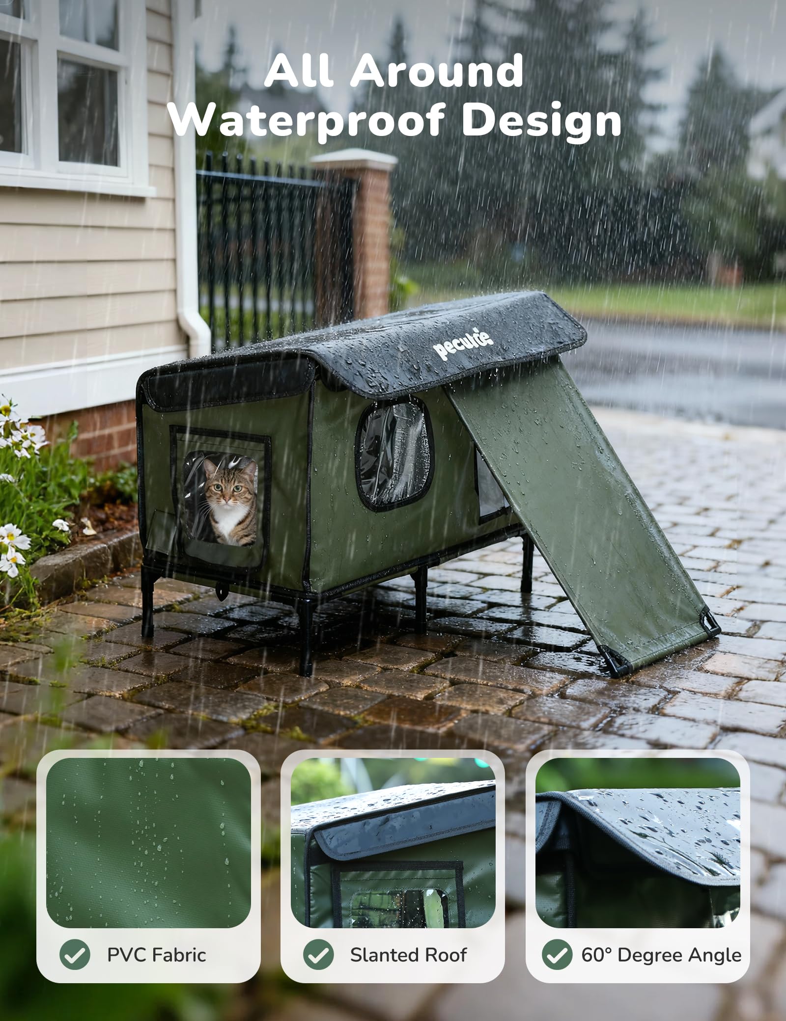 pecute Cuccia Gatto Esterno con Tappetino Riscaldante Mamma gatta, Casetta Gatto Esterno Impermeabile, Porta di Fuga Sicura, Robusto, Facile da Installare, Tettoia Laterale Estesa, Base Rialzata, L