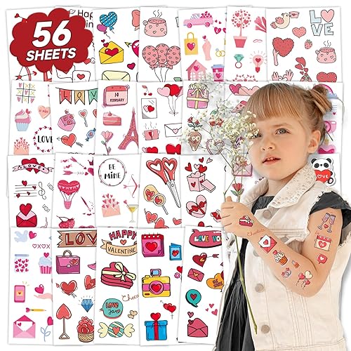EMOME 56 hojas de calcomanías temporales para el día de San Valentín para niños, tatuajes de corazón temporales para accesorios del día de San