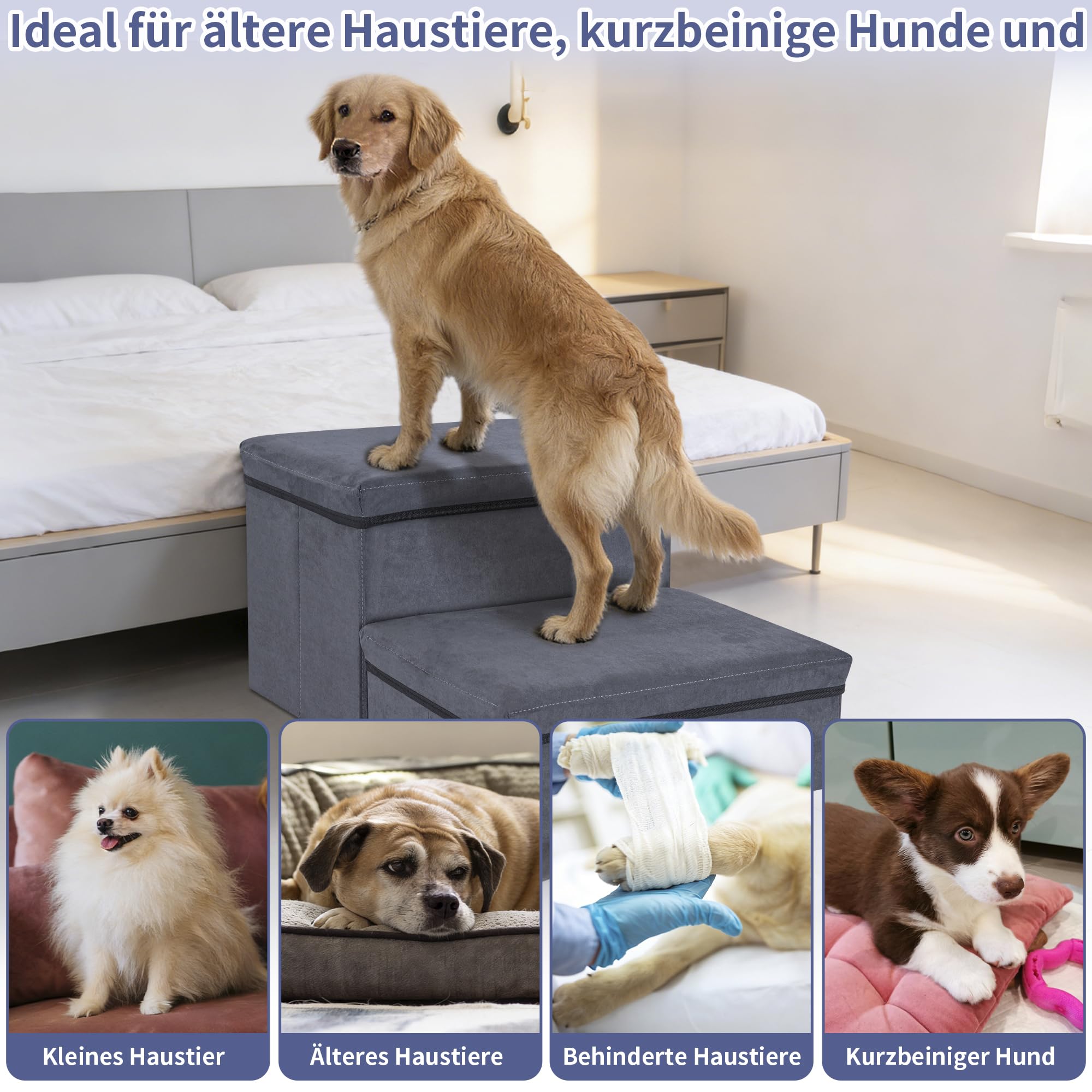 AKOZLIN Hundetreppe,2 Stufen,faltbar,Mit Stauraum,2-in-1 Haustiertreppe | Extra breite Haustierrampe,Für kleine bis große Hunde und Katzen,Dunkelgrau,32×64×42cm,Zwei Schichten