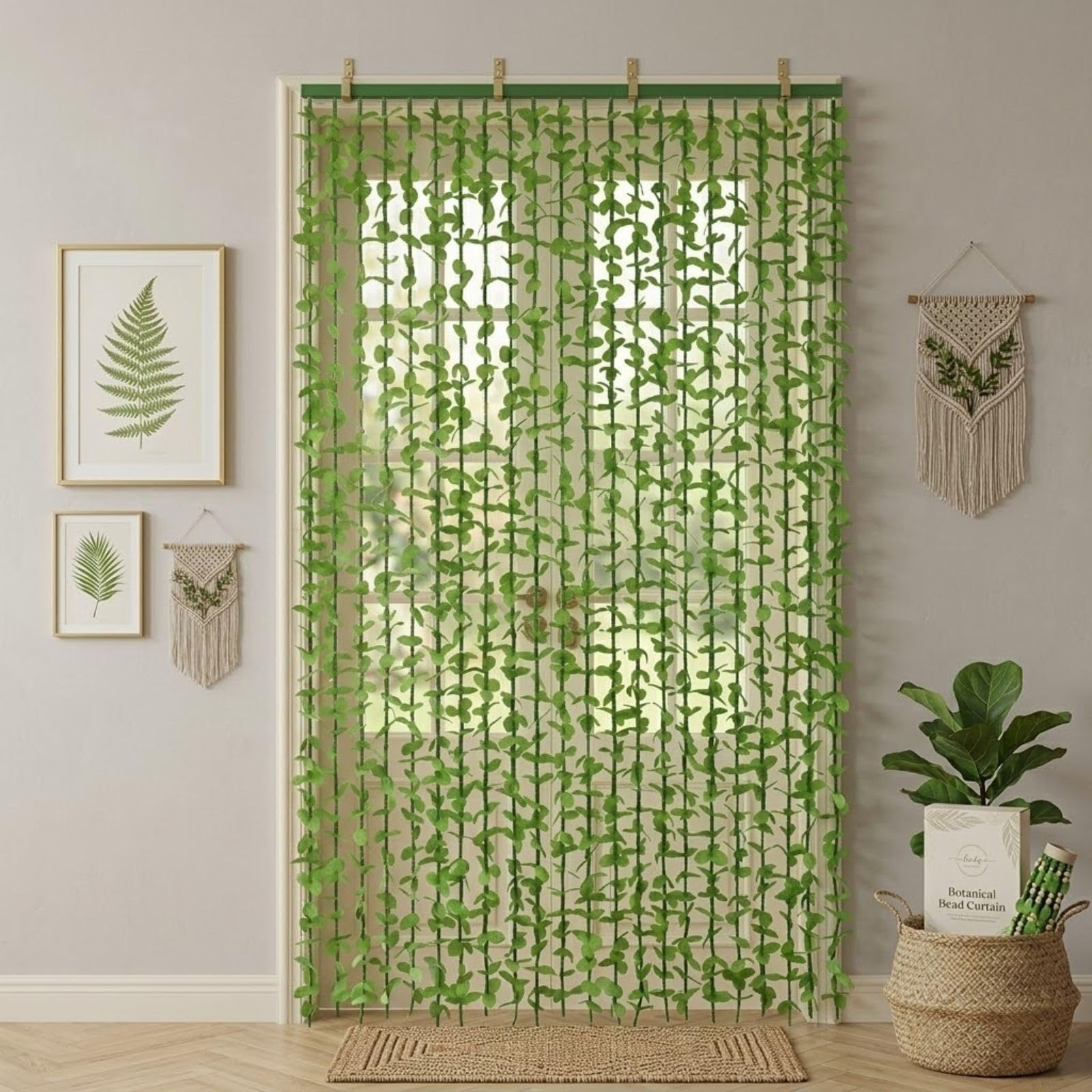 Rideau de Porte Perles Rideau De Fleurs Artificielles en Bambou, Artificiel Feuilles Vertes Bambou Rideau Perles, Filtrage La Lumière Cloison Confidentialité for Fonds Décoration