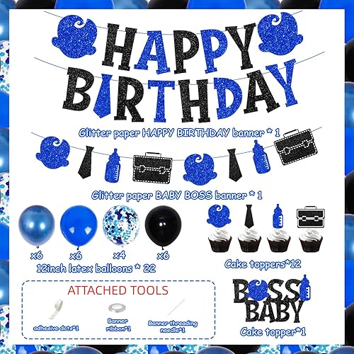 Miniatura 2 de Decoraciones de fiesta de cumpleaños para jefe azul y negro con temática de bebé, pancarta de feliz cumpleaños, decoración de pasteles para recién