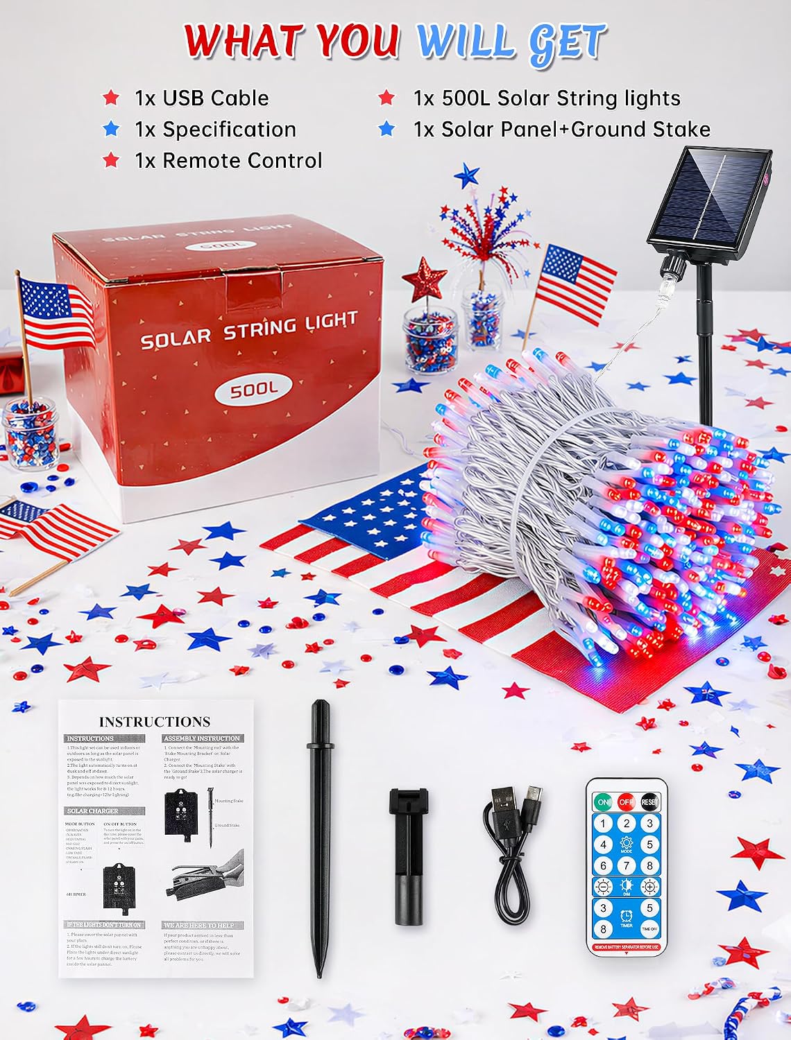 Red White and Blue String Lights Outdoor,500LED 165FT 4th of July Patriotic Fairy Light w/Remote,Solar Powered Independence Day Light for Outdoor Indoor Memorial Tree Party Decor