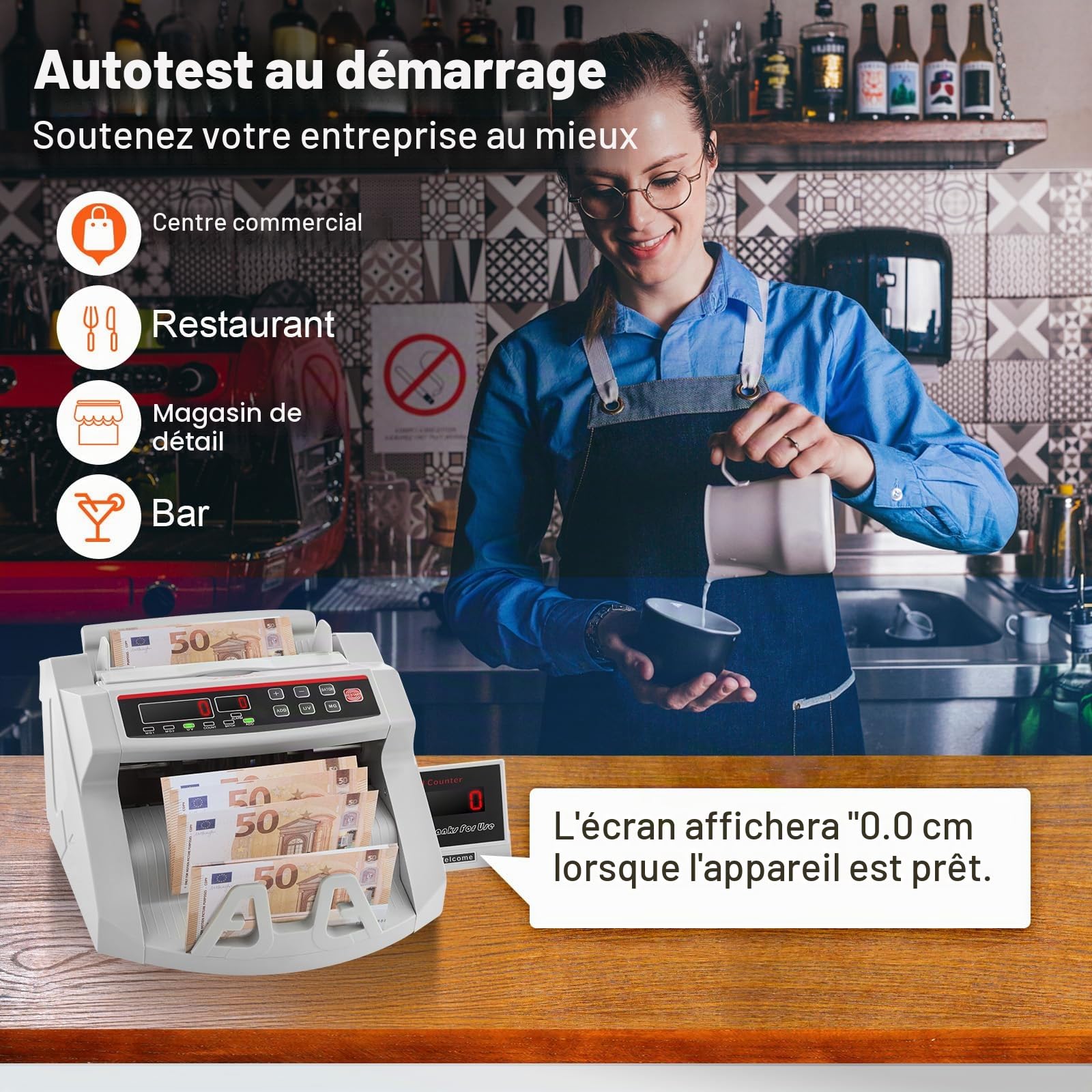VEVOR Compteuse de Billets Professionnelle USD/EUR/GBP, Détecteur de Faux Billets par UV MG Contrefaçon, Vitesse >1000 PCs/min, Compteuse de Billets Trieuse Portable avec Affichage Banque Blanc