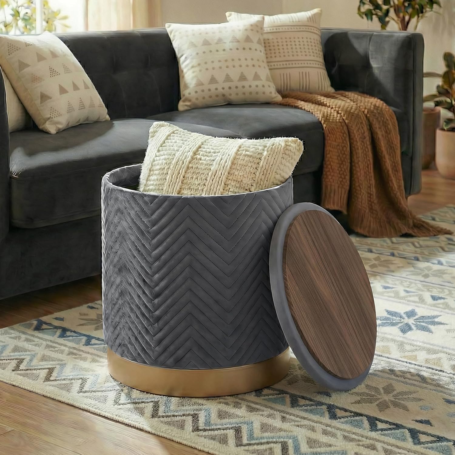 15" Round Velvet Storage Ottoman - Foot Rest & Coffee Table for Dorms/Apartments, Sturdy Space-Saving Seat with Hidden Storage-Grey