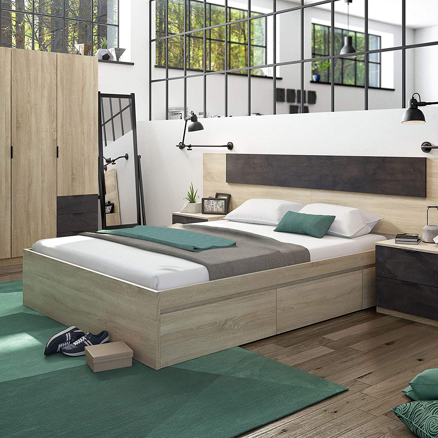 Mobelcenter, Cama de Matrimonio con 4 cajones Kendra para colchones de 150x190 cm, Color Roble Canadian, Medidas: Ancho: 156 cm x Fondo: 196 cm x Alto: 37 cm (Roble Canadian) (1104)