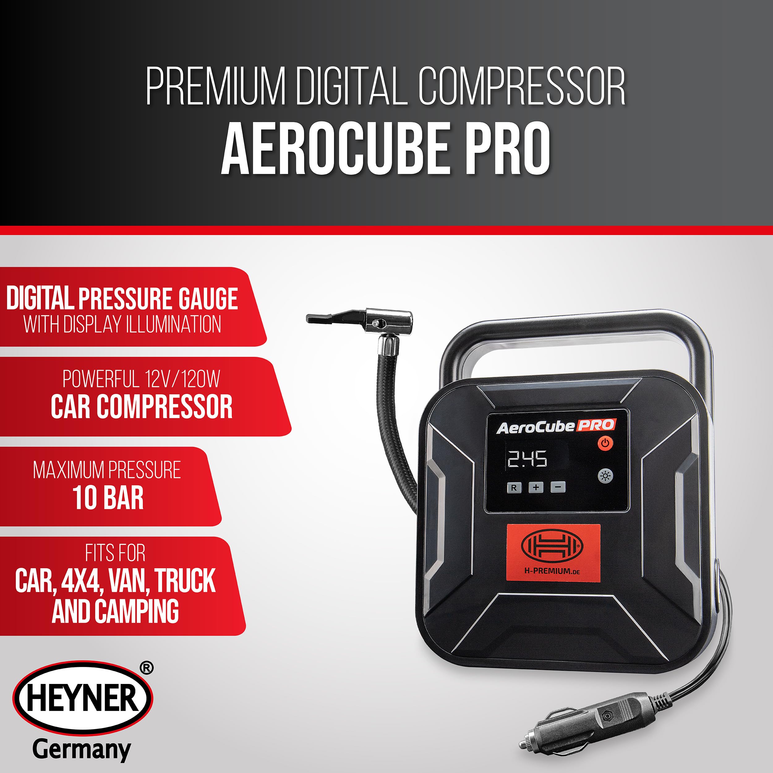 HEYNER® Compressore mini I, borsa I 12 V/120 W, aria compressa 10 bar/150 PSI, manometro digitale, illuminazione a LED, pompa ad aria elettrica, compressore portatile, 10 bar, accendisigari