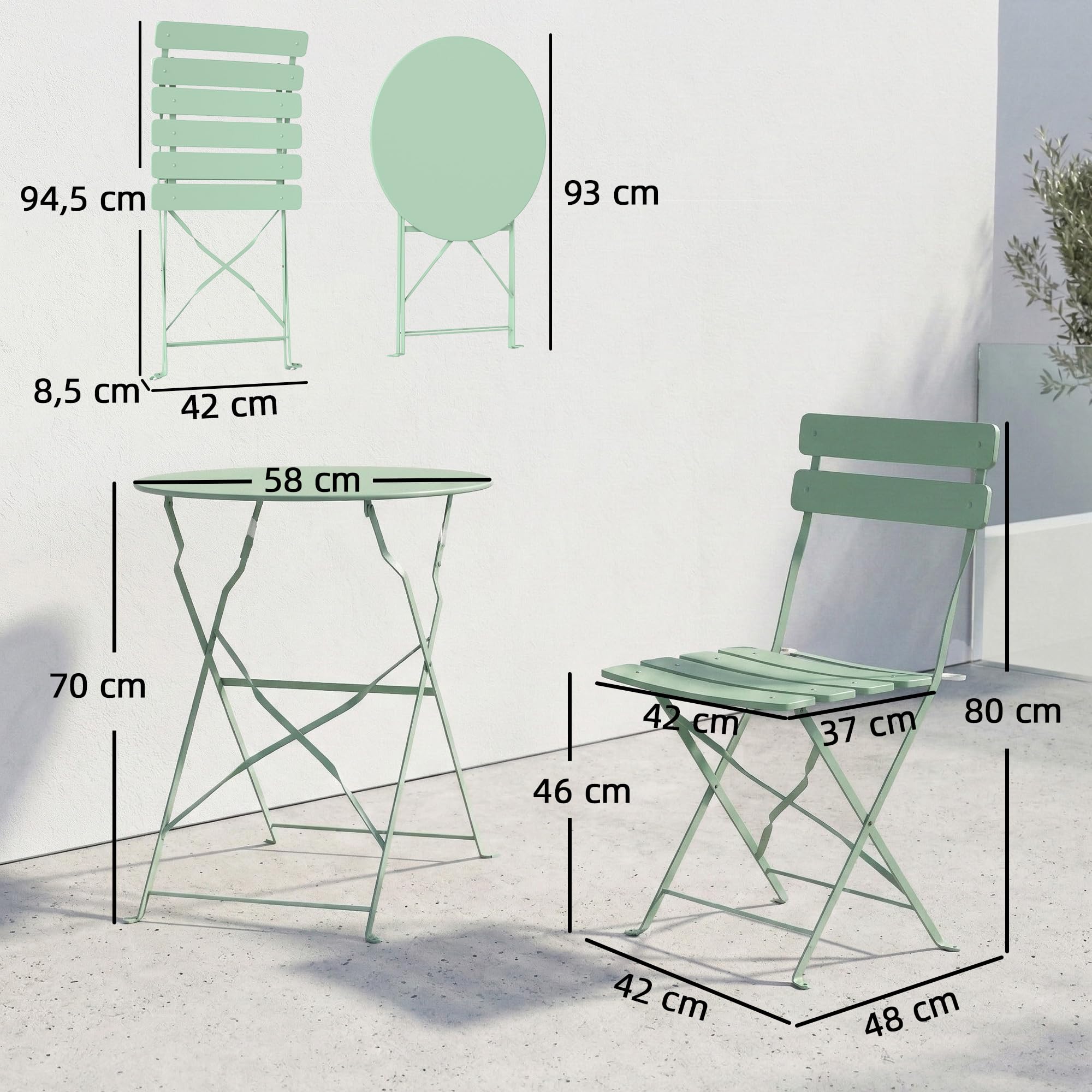 Outsunny Conjunto de Mesa y Sillas de Terraza Exterior Plegable 3 Piezas, Muebles de Jardín Exterior con 2 Sillas Plegables, Mesa Redonda, Estructura Metálica Electrofórica para Patio, Balcón, Verde