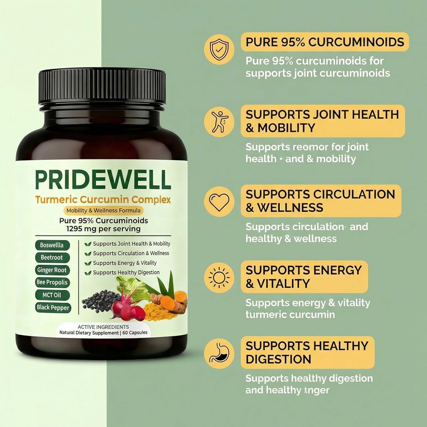PRIDEWELL Powerful Natural Turmeric Curcumin Capsules (1,295 MG) 95% Curcuminoids with Bee Propolis, Ginger, MCT Oil, Fat-Soluble Vitamin C, Beetroot & Black Pepper | 60 Capsules