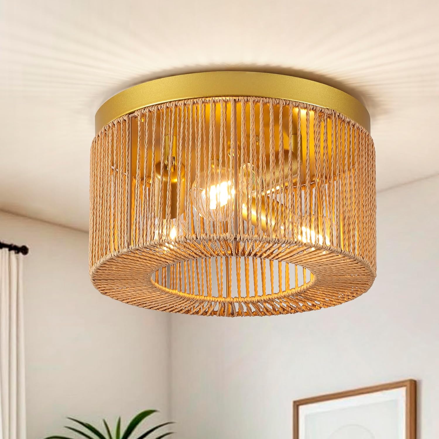 Rattan Ceiling Light Fixture, Boho Flush Mount Ceiling Light, 3-Light Farmhouse Wicker Celling Light with Hand-Woven Shade for Dining Room, Living Room, Bedroom, Hallway, Enterway, Foyer