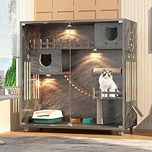 HUATOL Large Wooden Cat House for Outdoor and Indoor Cats, Multi-Feature Cat Condo with Cat Scratching Posts and Wheels, Enclosed Condo for Indoor Cats Ventilation Doors, 50" X 48" X 24"