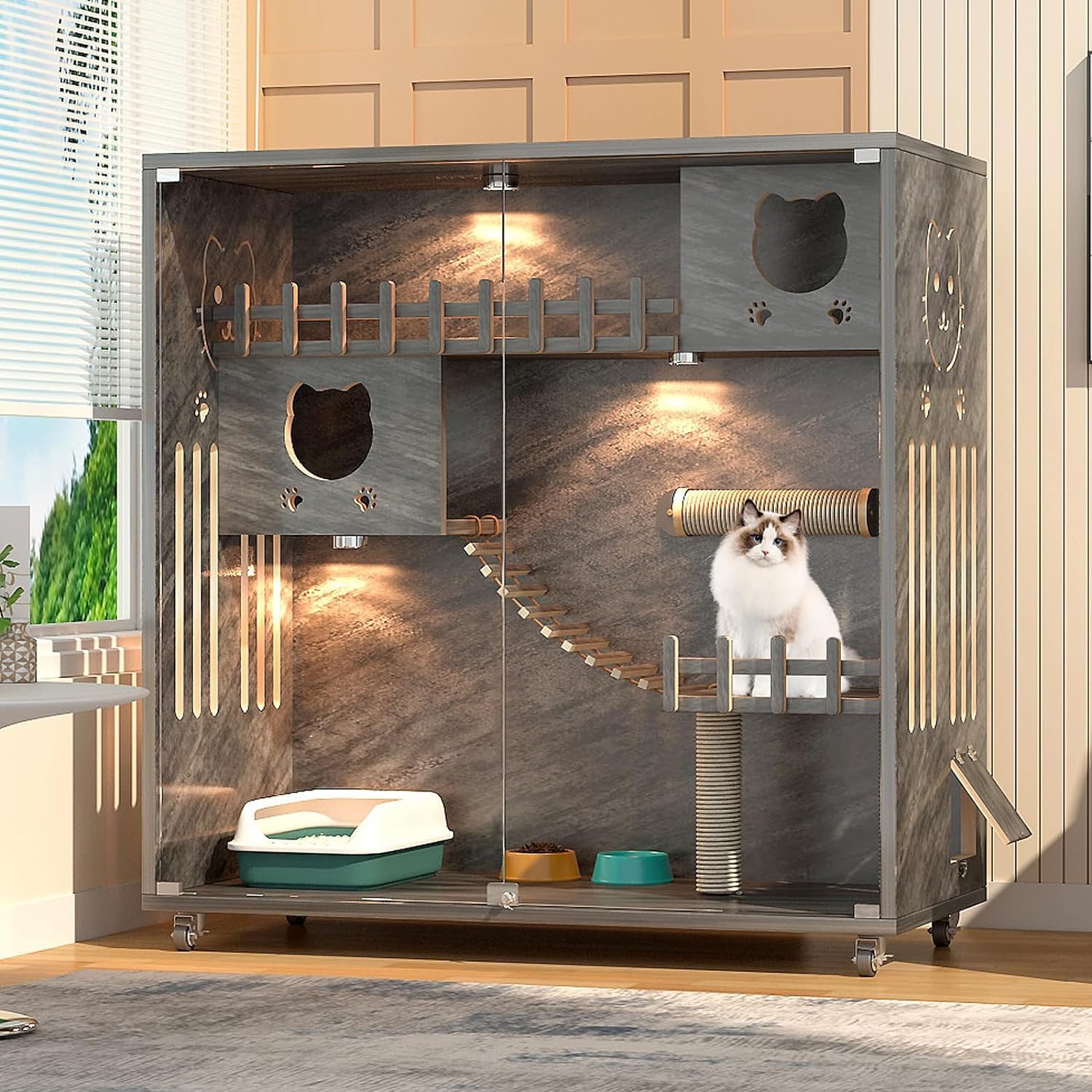 HUATOL Large Wooden Cat House for Outdoor and Indoor Cats, Multi-Feature Cat Condo with Cat Scratching Posts and Wheels, Enclosed Condo for Indoor Cats Ventilation Doors, 50