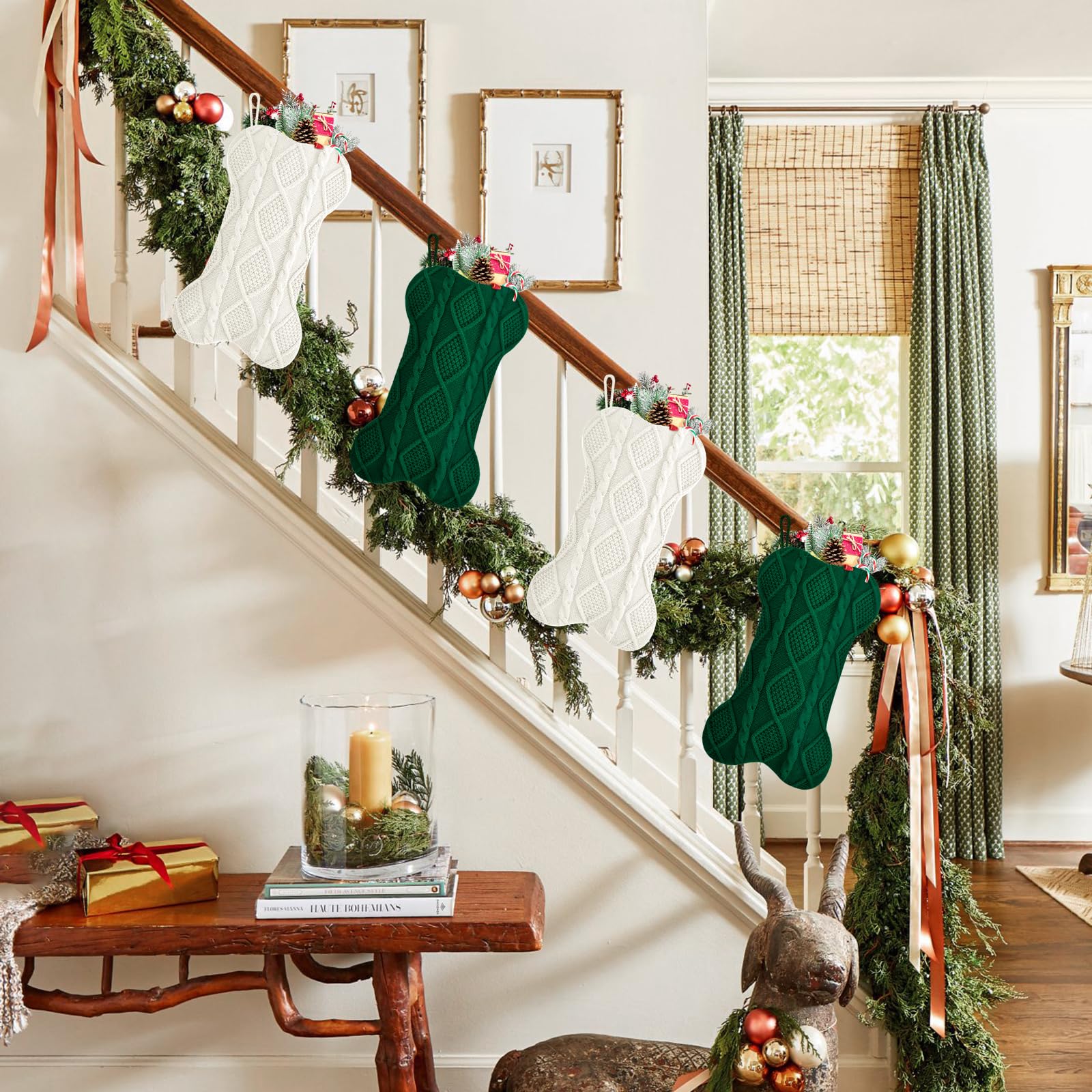 Kunyida 18 Inch Christmas Stockings,Ivory and Green Knit Bulk Double Side Vintage Dog Xmas Stockings for Family Dogs Pets,4 Pack