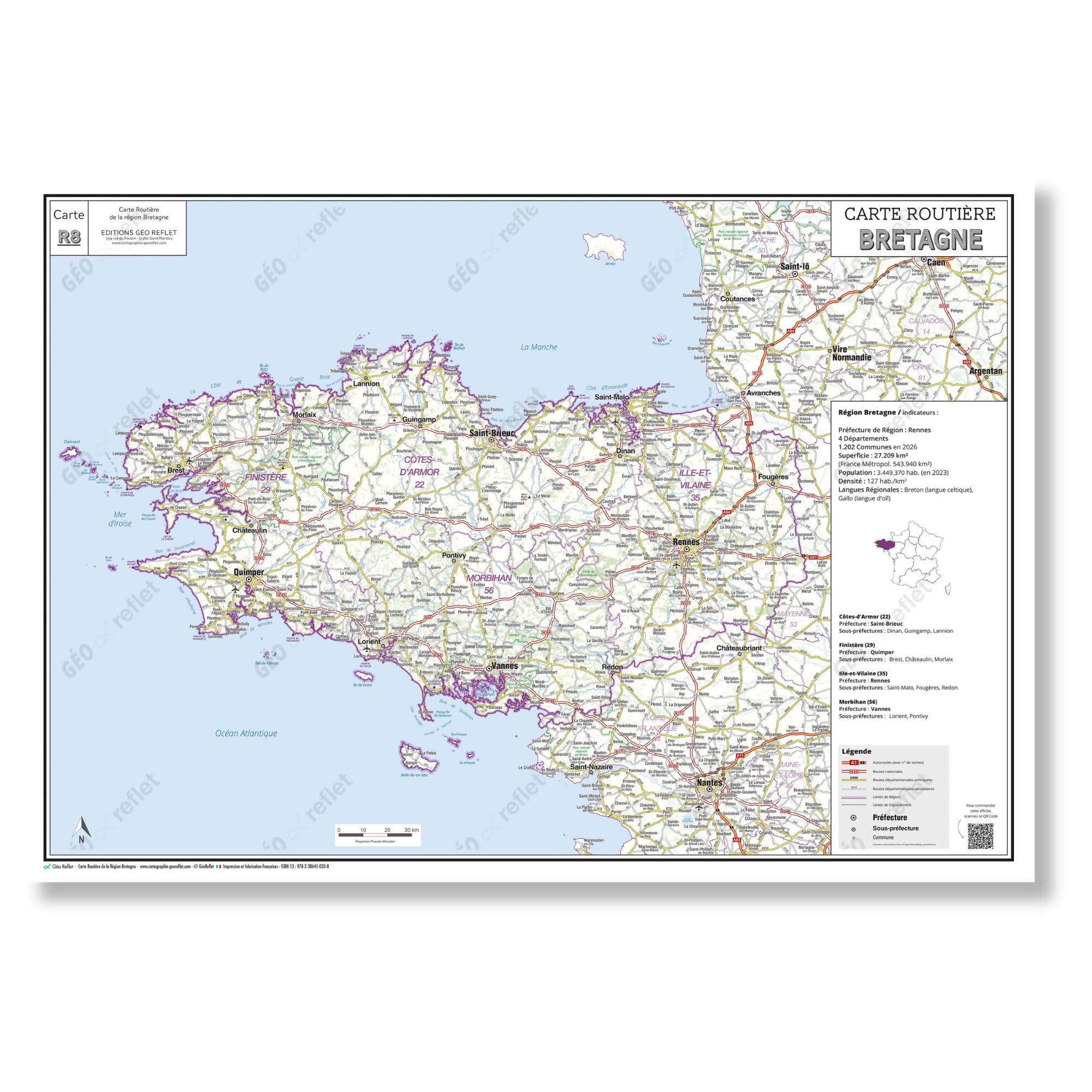 Carte routière de la région Bretagne - Poster plastifié 100x70 cm - Édition 2026