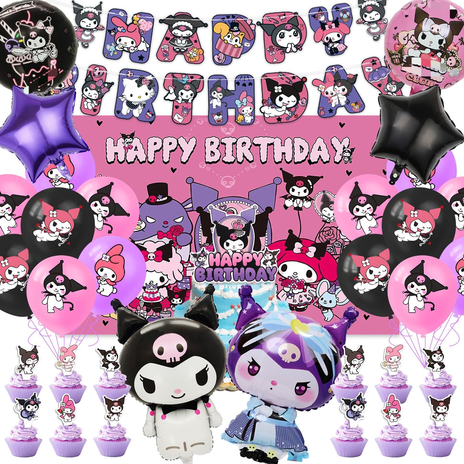 39PCS Kur-romi Party Decorations, Cartoon Theme Birthday Decorations With Backdrop Banner Latex Balloons Cake Topper Cupcake Toppers, Toy Birthday Party Supplies for Kids Boys And Girls