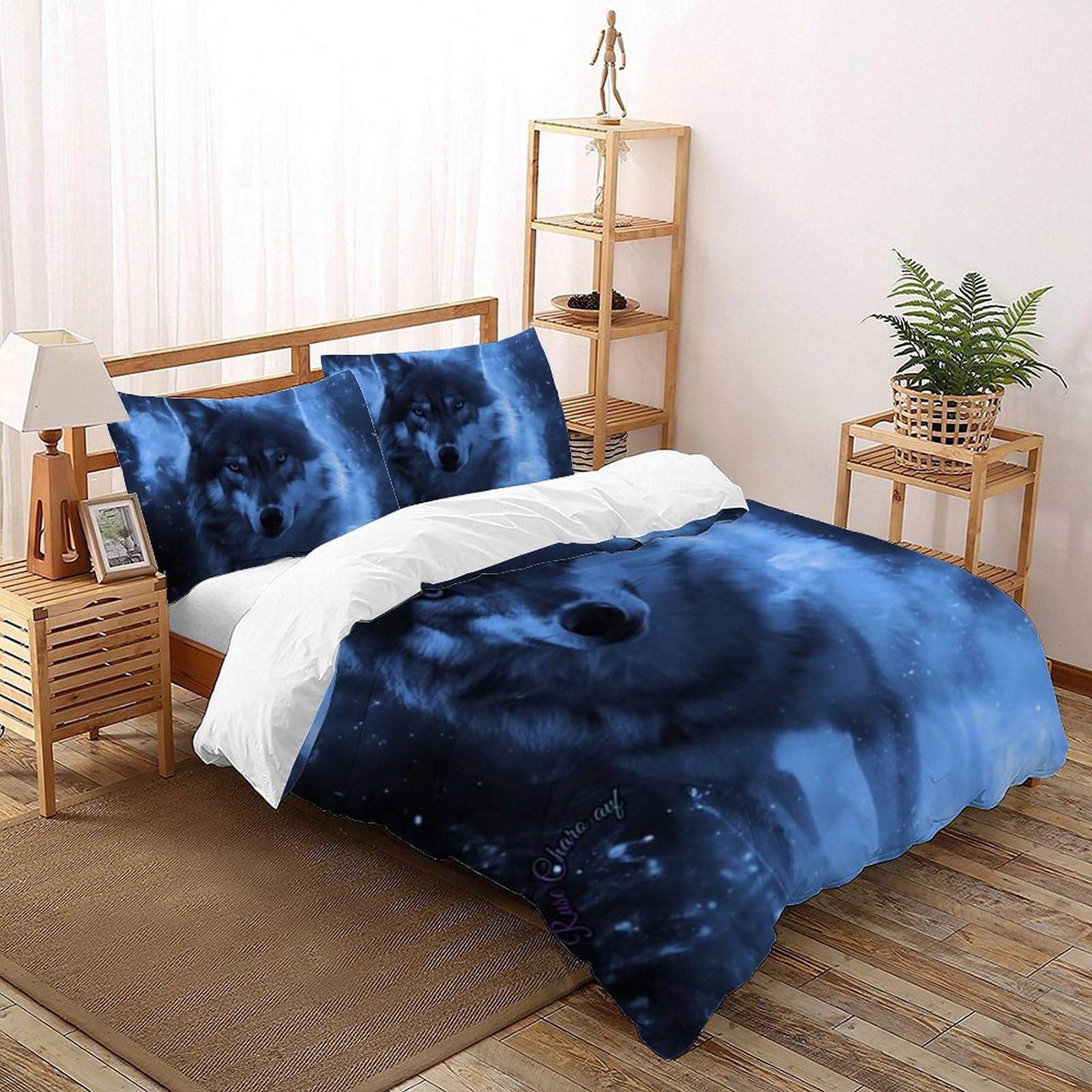 Housse de couette loup imprimé 3D infroissable 200x200cm pour lit double sans repassage