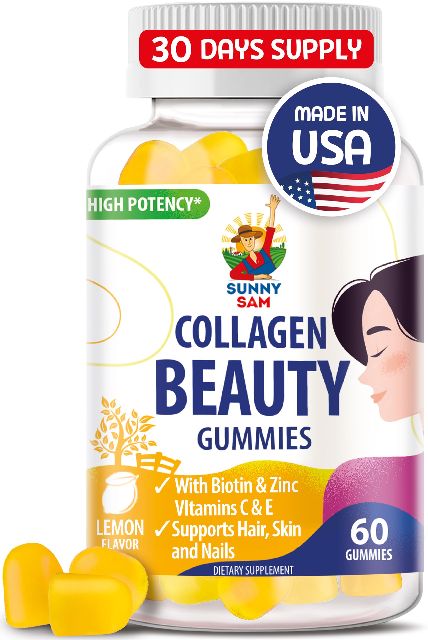 SUNNY SAM Biotin Collagen Gummies for Women & Girls - Low Sugar 60 Chewable Beauty Collagen Gummies for Enhanced Hair Skin and Nails - Biotin, Vitamin A, Zinc Supplement - Natural Lemon Flavor