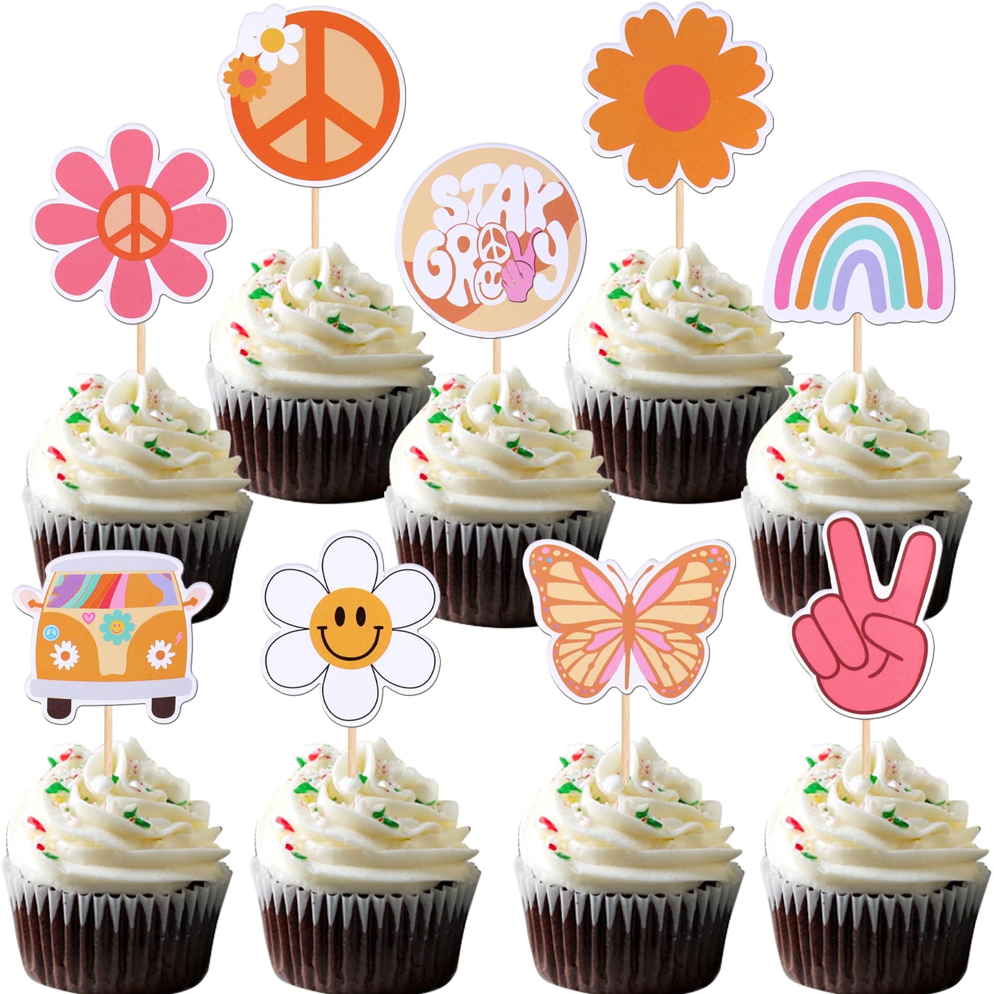 Rsstarxi 36 Pack Groovy Cupcake Toppers Hippie Party Cake Decorations Two Groovy Birthday Dasiy Flower Bus 60s Retro Boho Cupcake Picks for 2nd