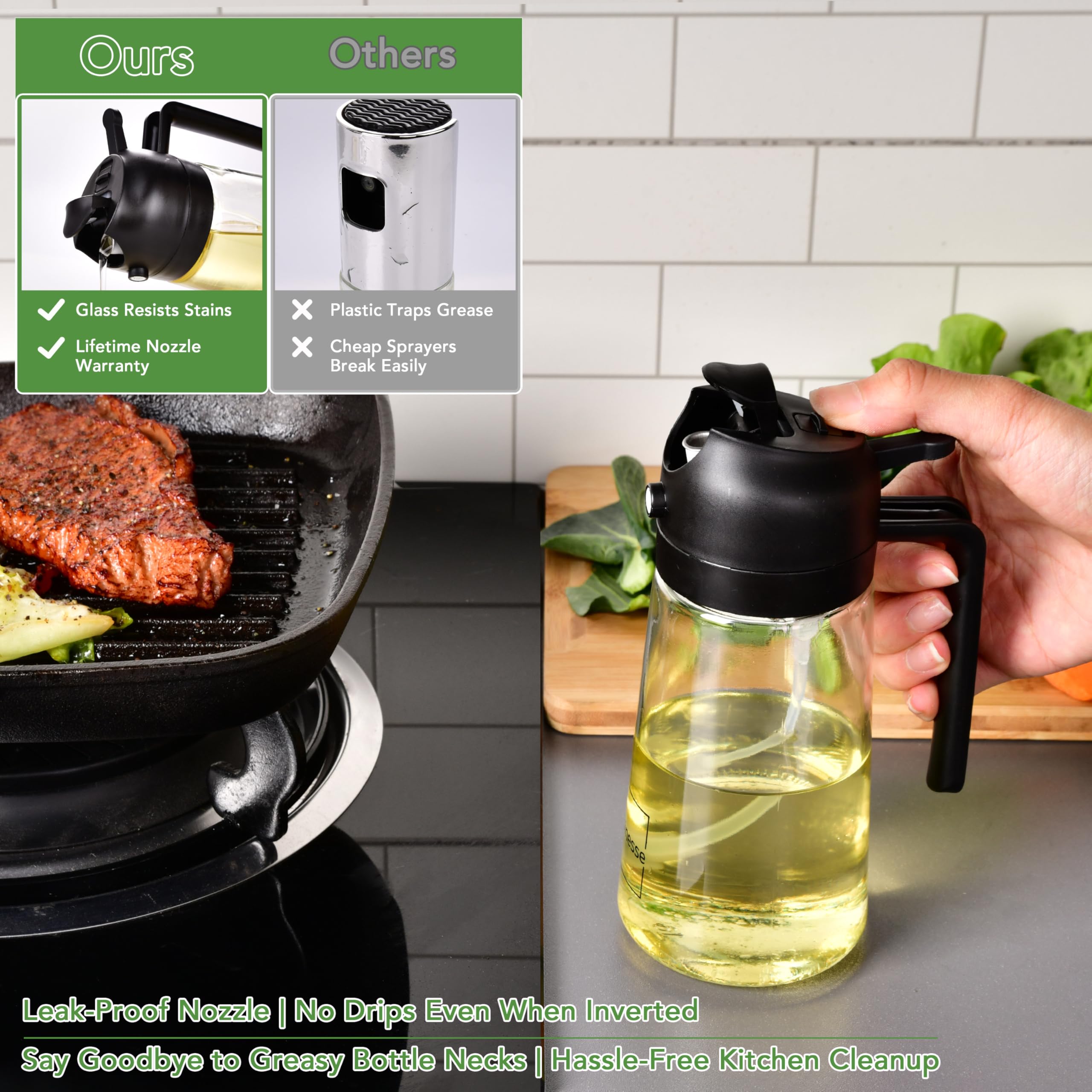 Pulverizador y dispensador de aceite 2 en 1, con botella de vidrio de aceite de oliva para cocinar, y convertirlo en freír al aire, ensalada, barbacoa y hornear, color negro