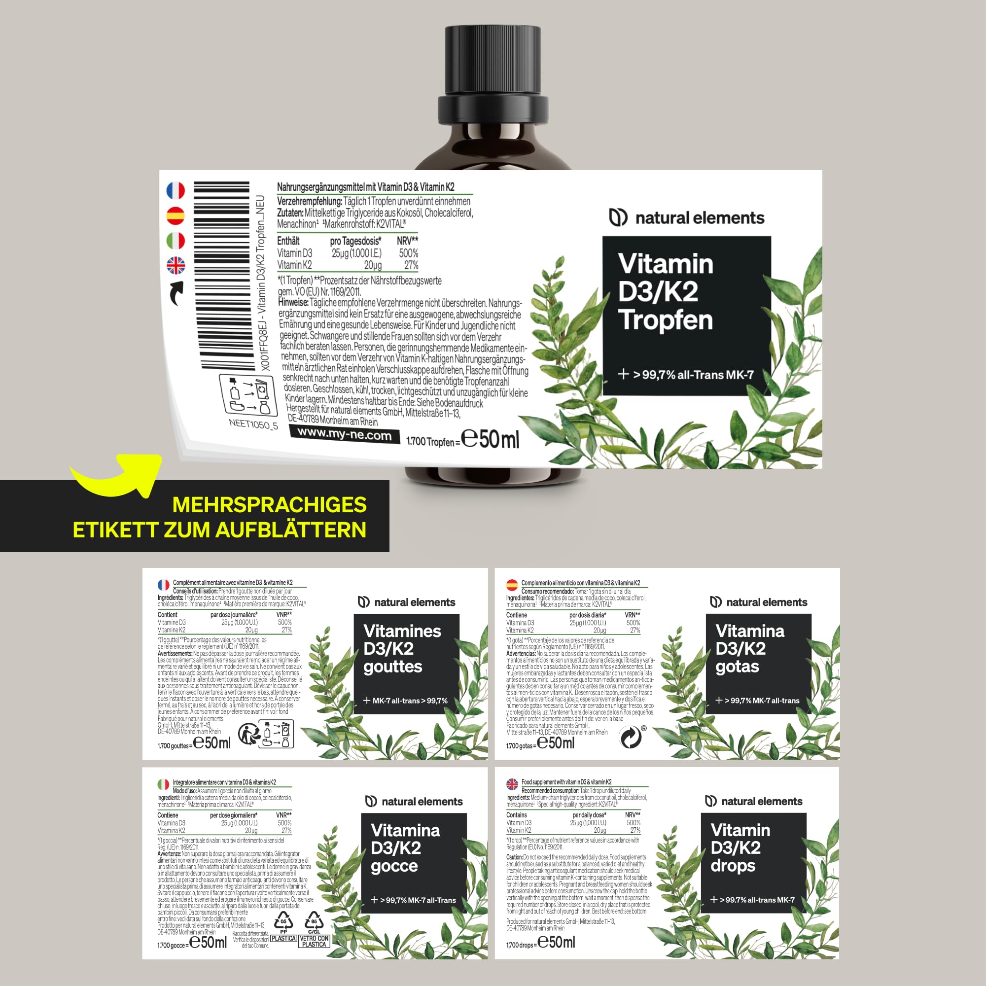 natural elements Vitamin D3 + K2 Tropfen 50ml - Premium: 99,7+% All-Trans (K2VITAL® von Kappa) + hoch bioverfügbares Vitamin D3 - Laborgeprüft, hochdosiert, flüssig und in Deutschland produziert