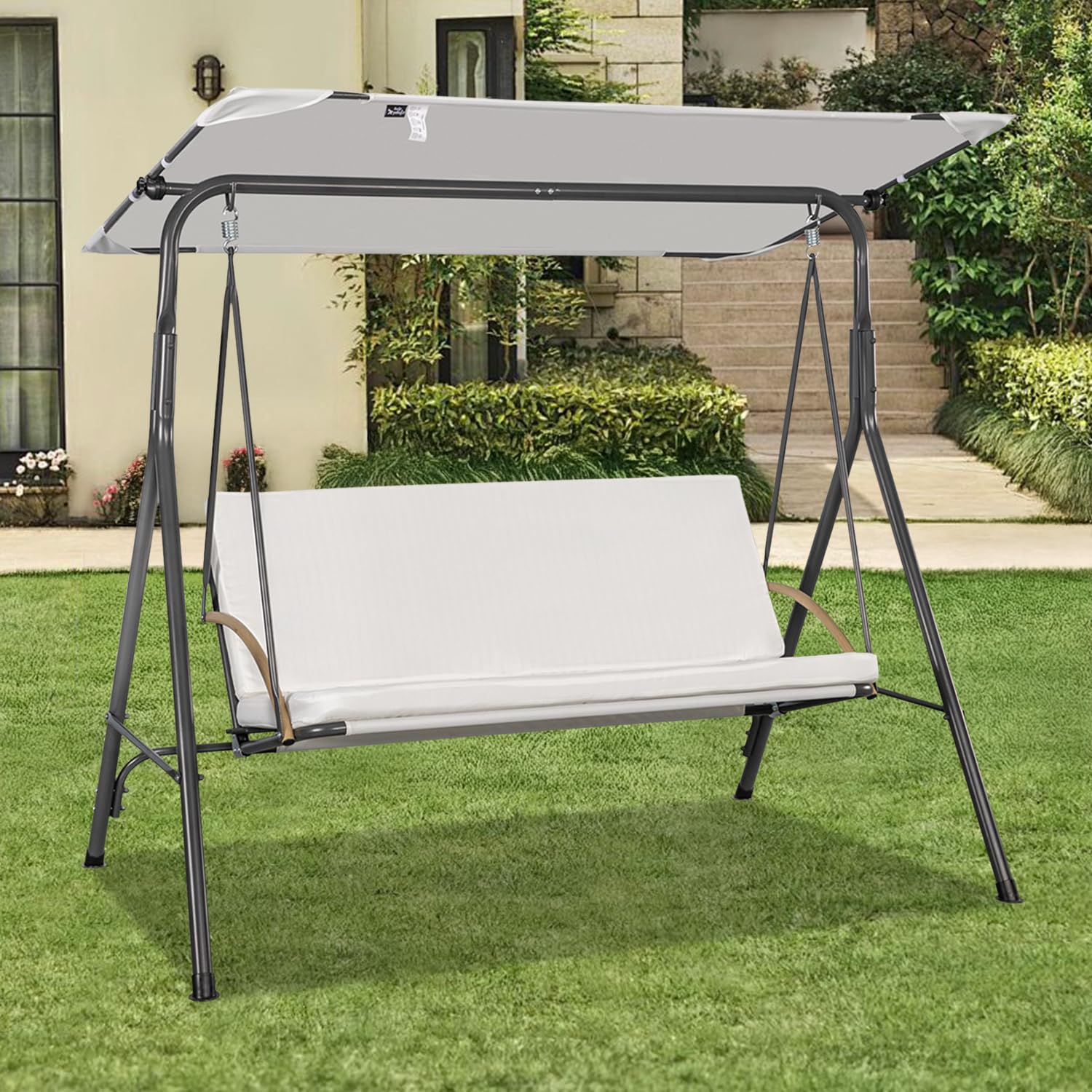 Angel Living Balancelle de Jardin 3 Places avec Auvent, Coussin Épais et Structure en Acier, Tissu Oxford, pour Terrasse, Patio, 170x110x152cm, Blance