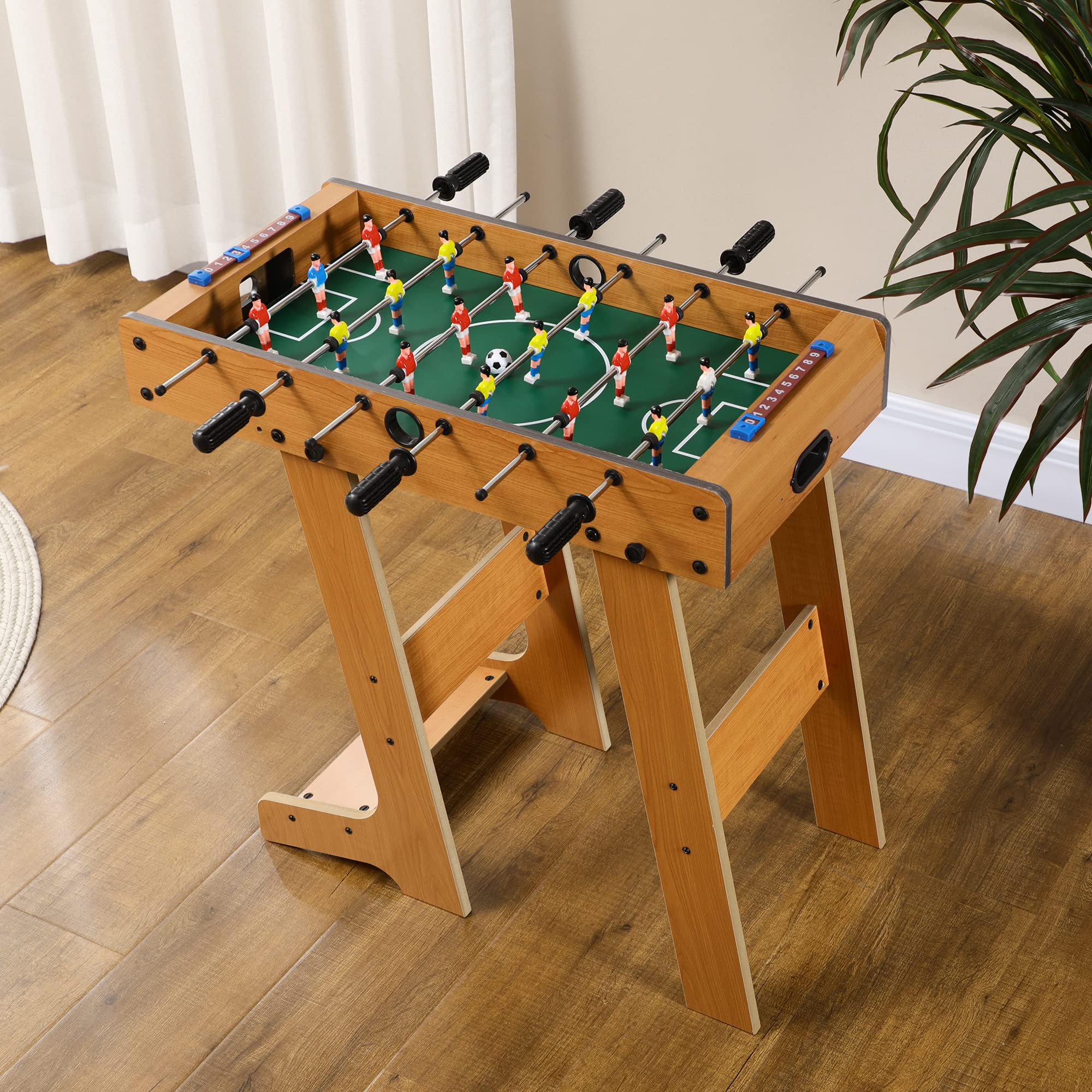 HOMCOM Calcio Balilla Pieghevole Compatto in Legno, Biliardino Salvaspazio con 6 Aste, 18 Giocatori e Segnapunti, 69x37x70cm