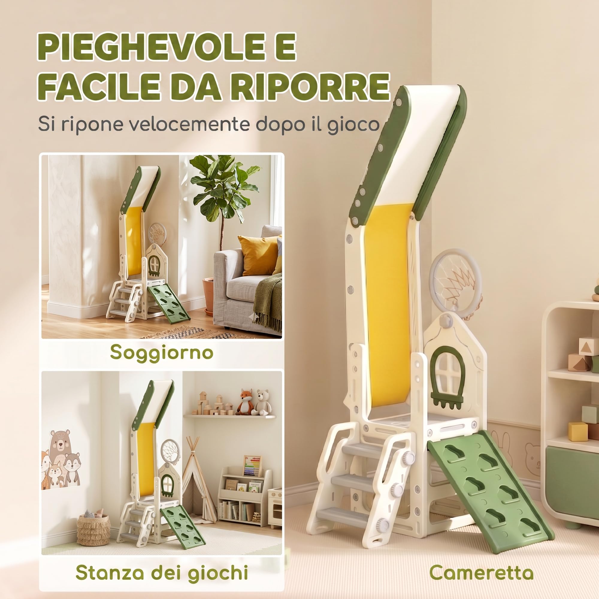 AIYAPLAY 4 in 1 Scivolo per Bambini 1-3 Anni in HDPE 191x100x84 cm Crema | Arrampicata, Canestro, Spazio Portaoggetti, Gradini Antiscivolo, Pallone, Carico Massimo 25kg