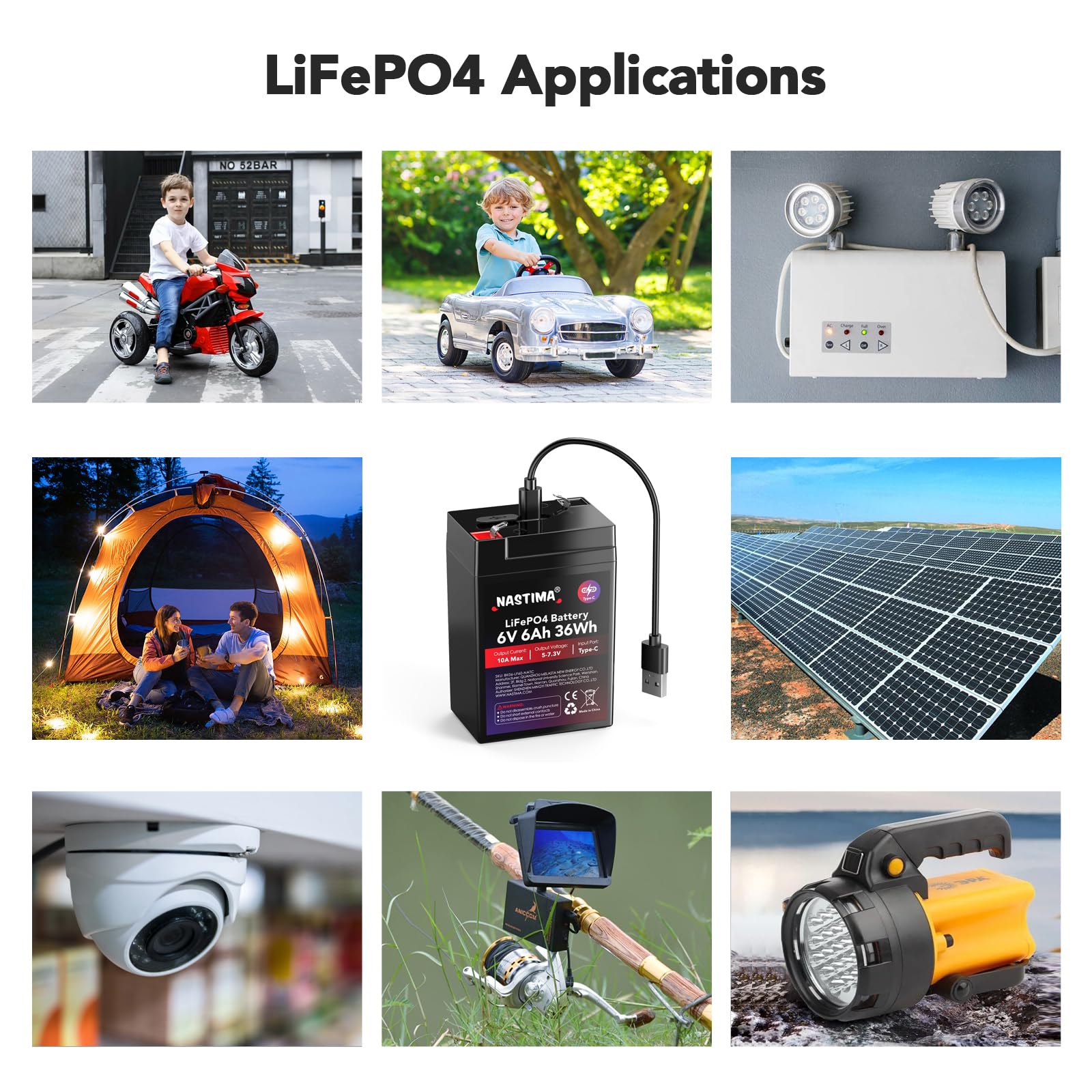 NASTIMA Batterie Rechargeable 6V 6Ah LiFePO4 avec Protection BMS et Cycle Profond 2000, Chargement Type-C, adaptée aux Kits de Éclairage Électrique de Secours, Voitures Jouets pour Enfants, Camping