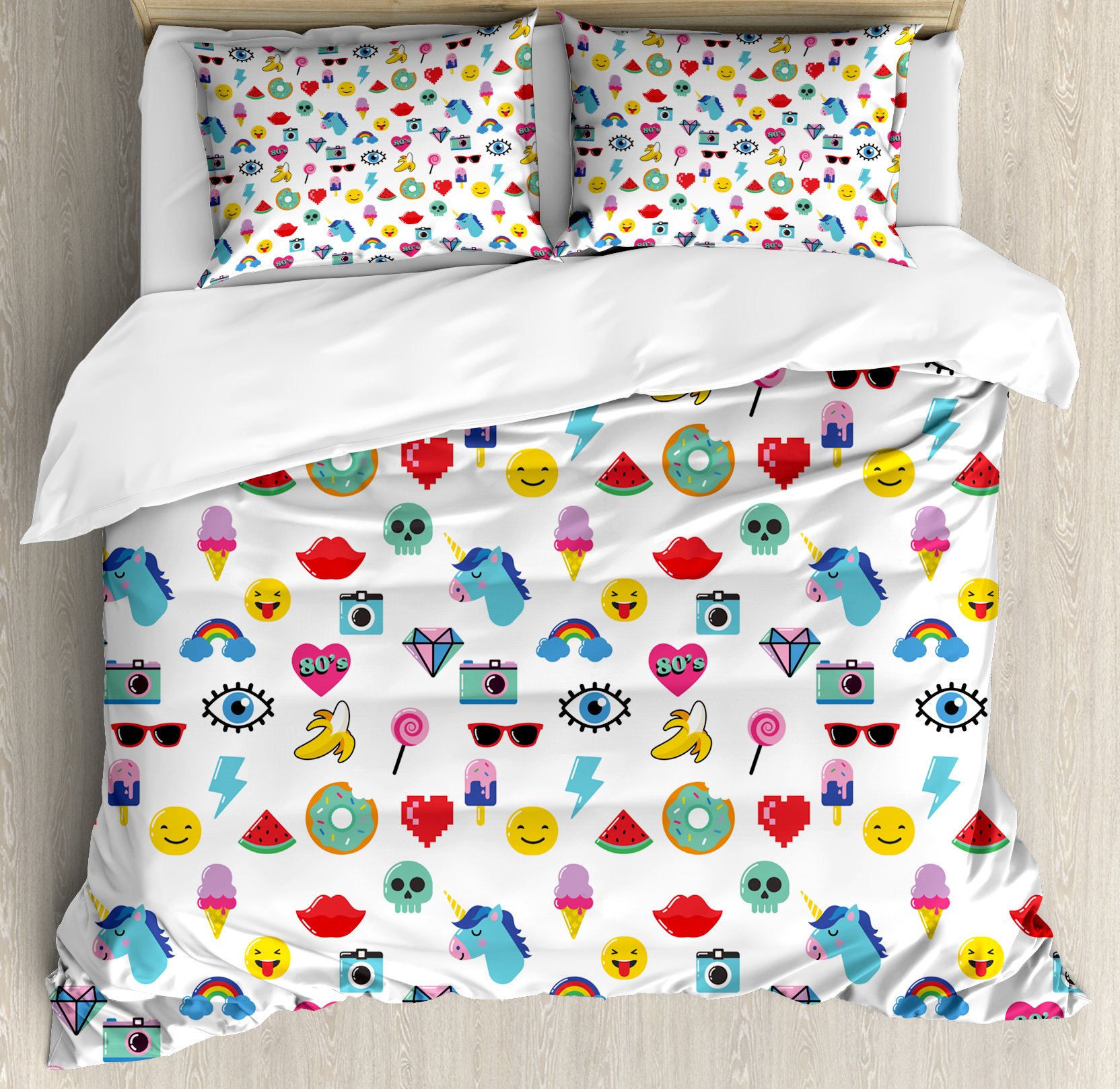 Ambesonne Emoji Duvet Cover Set Queen Size, Pop Art Style Cartoon Unicorn Watermelon Banana Pixel He