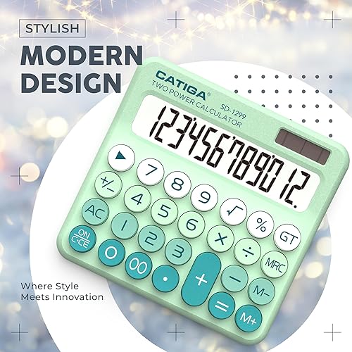 Miniatura 7 de CATIGA Calculadora de interruptor mecánico con energía solar y batería doble, pantalla LCD grande de 12 dígitos, calculadora de escritorio estética