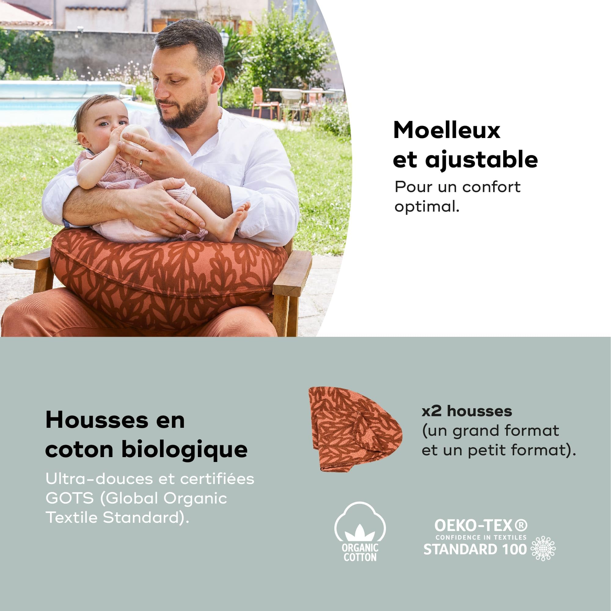 Babymoov Coussin de Grossesse et d'allaitement B.Love 2en1 Terracotta - Breveté : 1 Coussin / 2 Tailles - Microbilles Toxproof - Certifié OekoTex & GOTS - Made in Europe