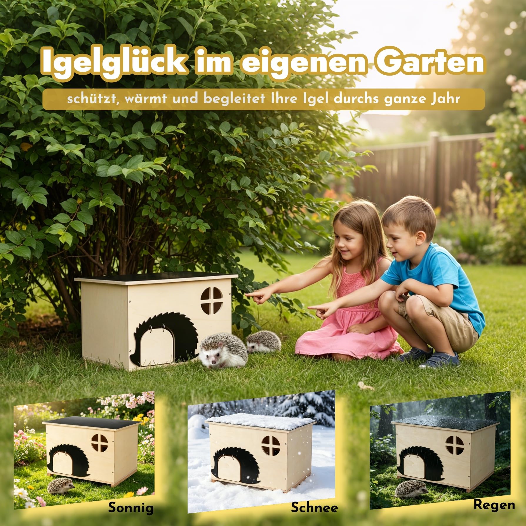 Igelhaus Groß mit Rattenklappe und Labyrintheingang Winterfest, Holz Igelhotel mit Boden 37 x 30 x 28 cm, Igelhütte für Igel zum Unterschlupf & Winterschlaf