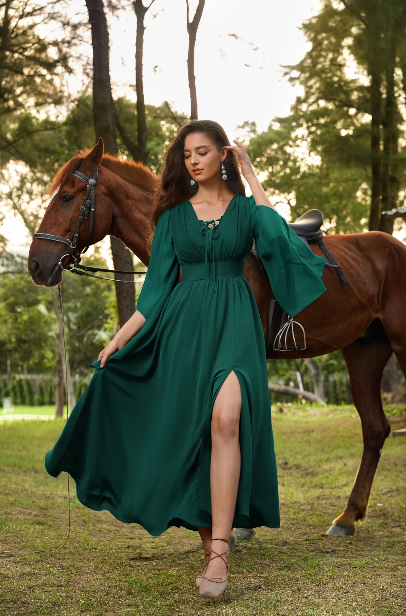 SCARLET DARKNESS Damen Renaissance Kleid 3/4 Ärmel Hohe Taille Schlitz vorne Sommerkleid V-Neck Mittelalter Maxi Kleider