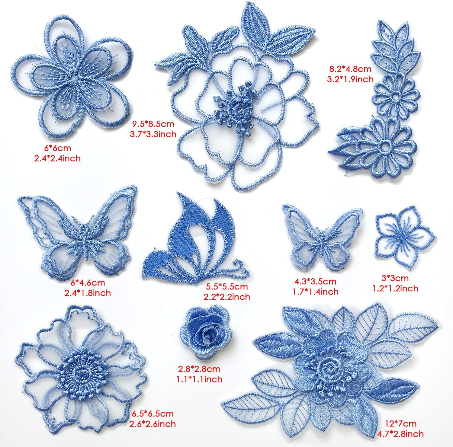 10pcs Embroidery Butterfly Flower Sew Iron On Patch Badge Wedding Bridal Dress Embroidered Applique Sewing Craft DIY (Blue)